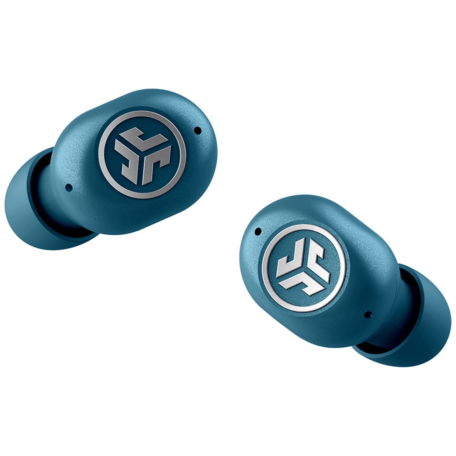 Blue wireless earbuds with silver logo on white background.
