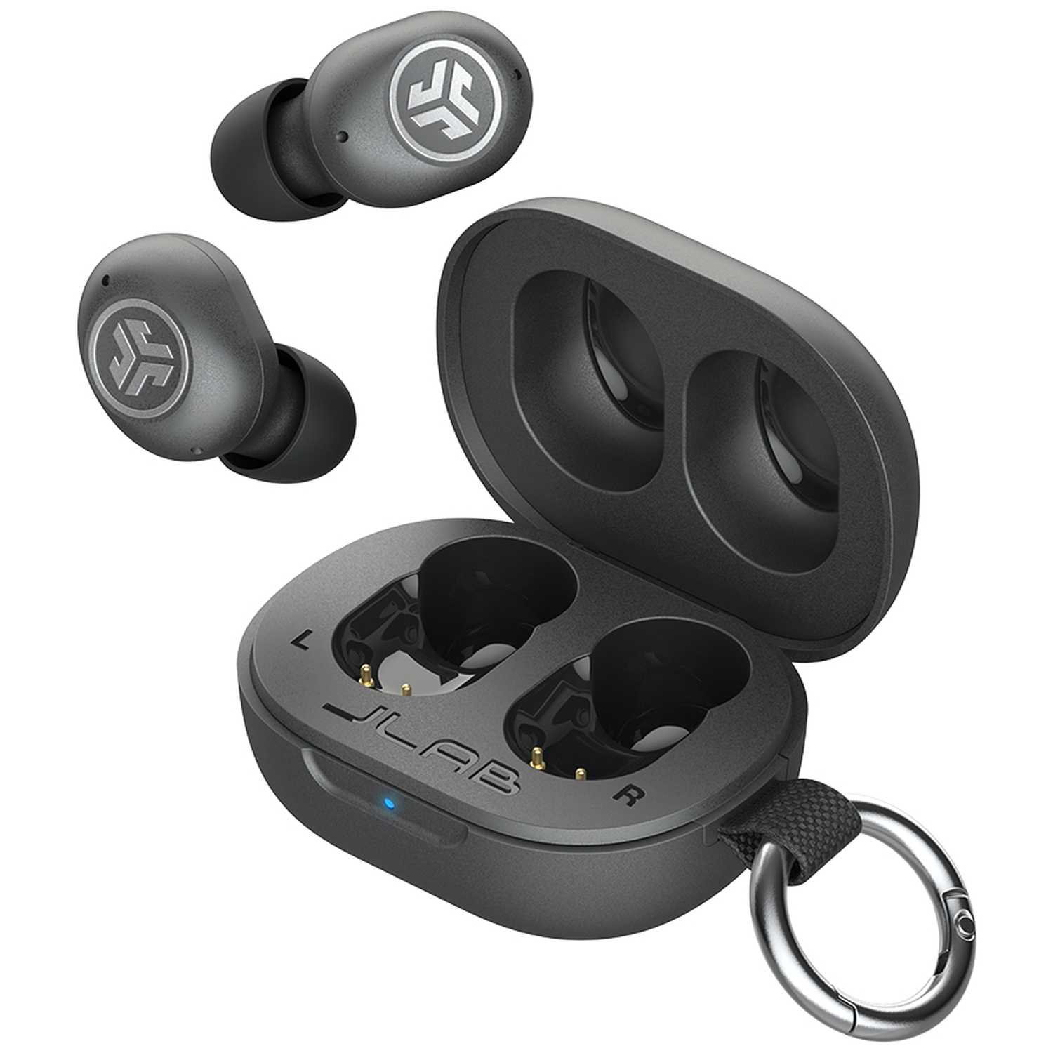 Gray JLab wireless earbuds with an open charging case and attached silver carabiner.