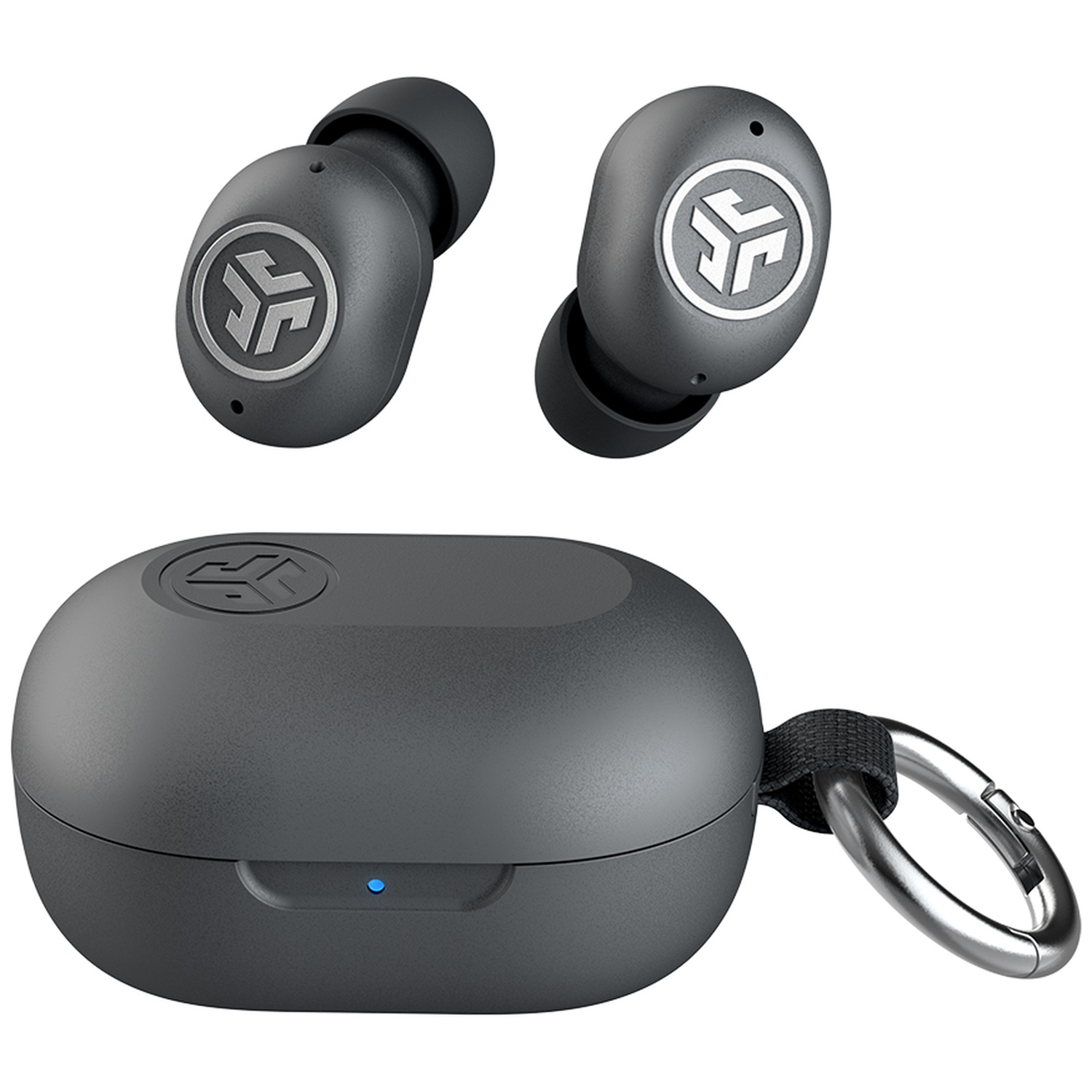 Dark grey wireless earbuds with charging case and attached silver carabiner.