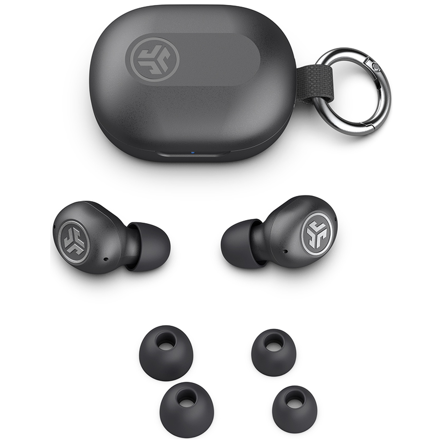 Black wireless earbuds with charging case, keychain ring, and extra ear tips on a white background.