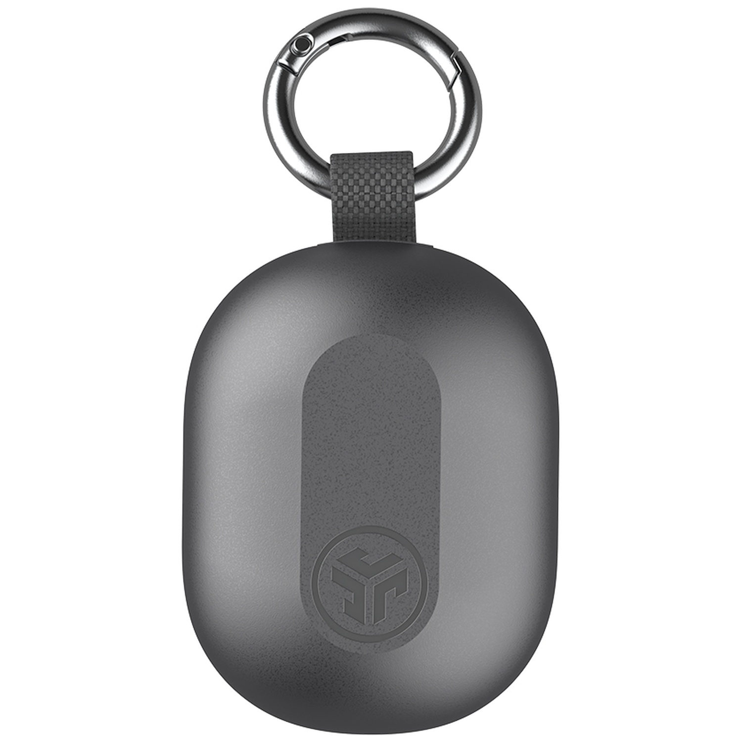 A gray, oval case with a silver carabiner clip on top, attached via a loop.