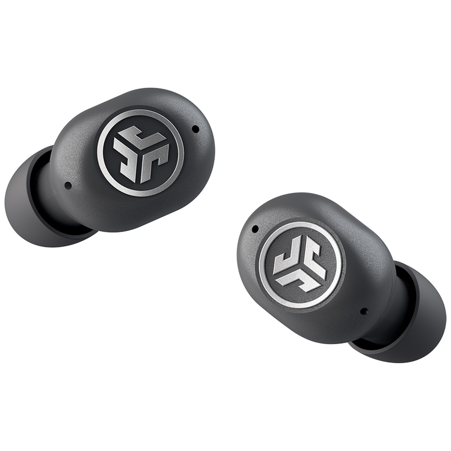 Two black wireless in-ear headphones with a silver logo on a white background.