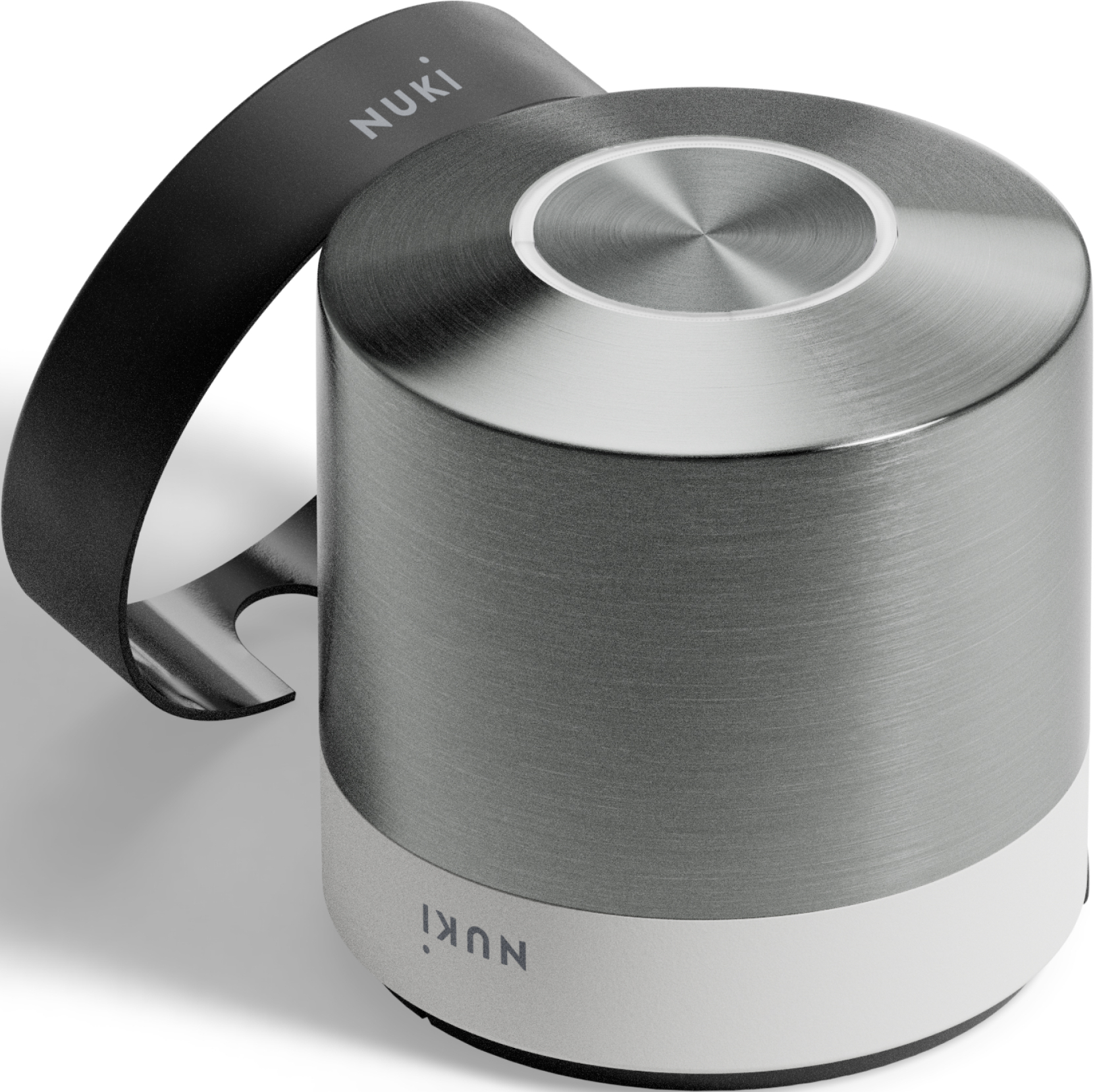 Ein Nuki Smart Lock mit metallischem Gehäuse und schwarzer Halterung auf weißem Hintergrund.