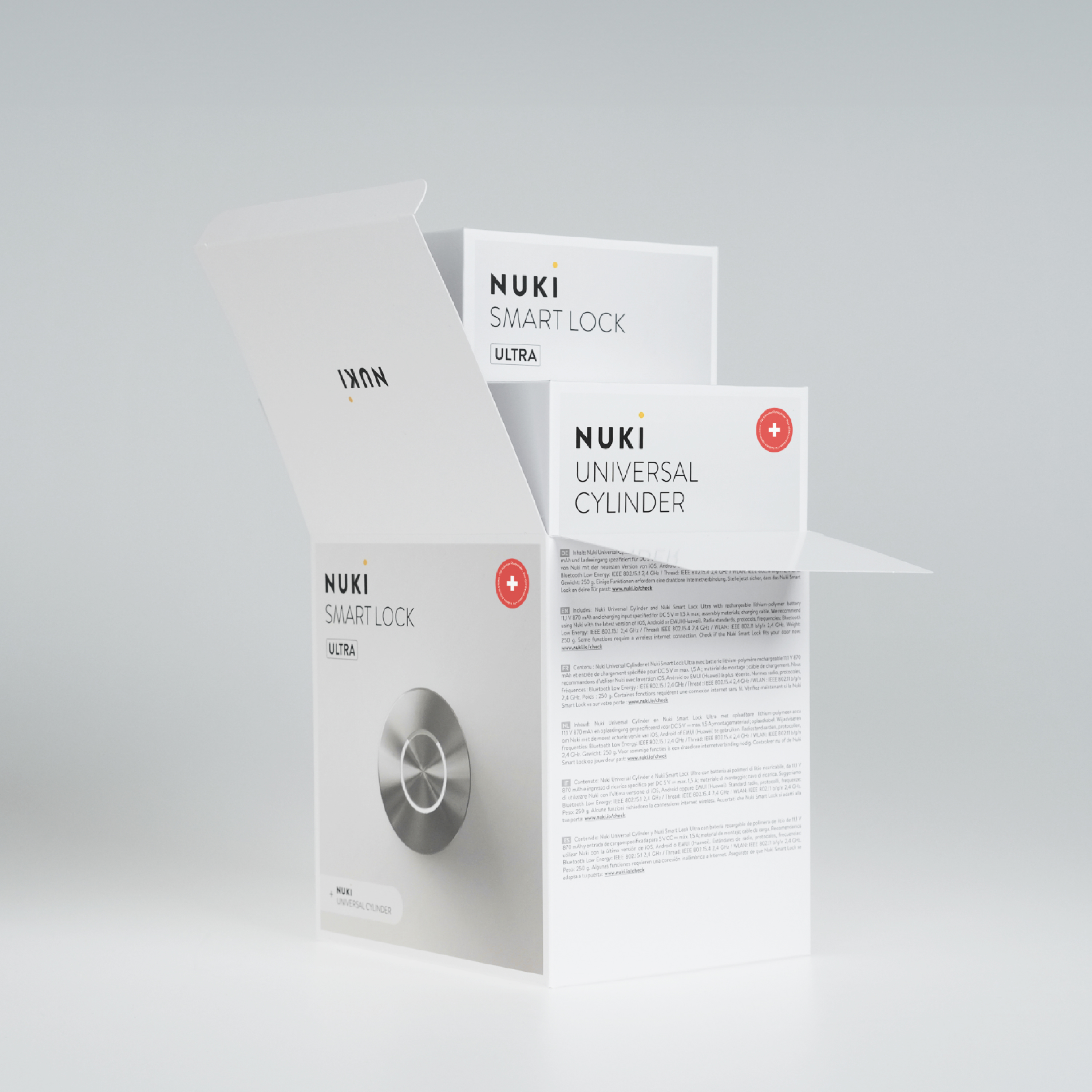 Offene weiße Nuki Smart Lock Ultra Verpackung mit Produktbild und Text auf weißem Hintergrund.
