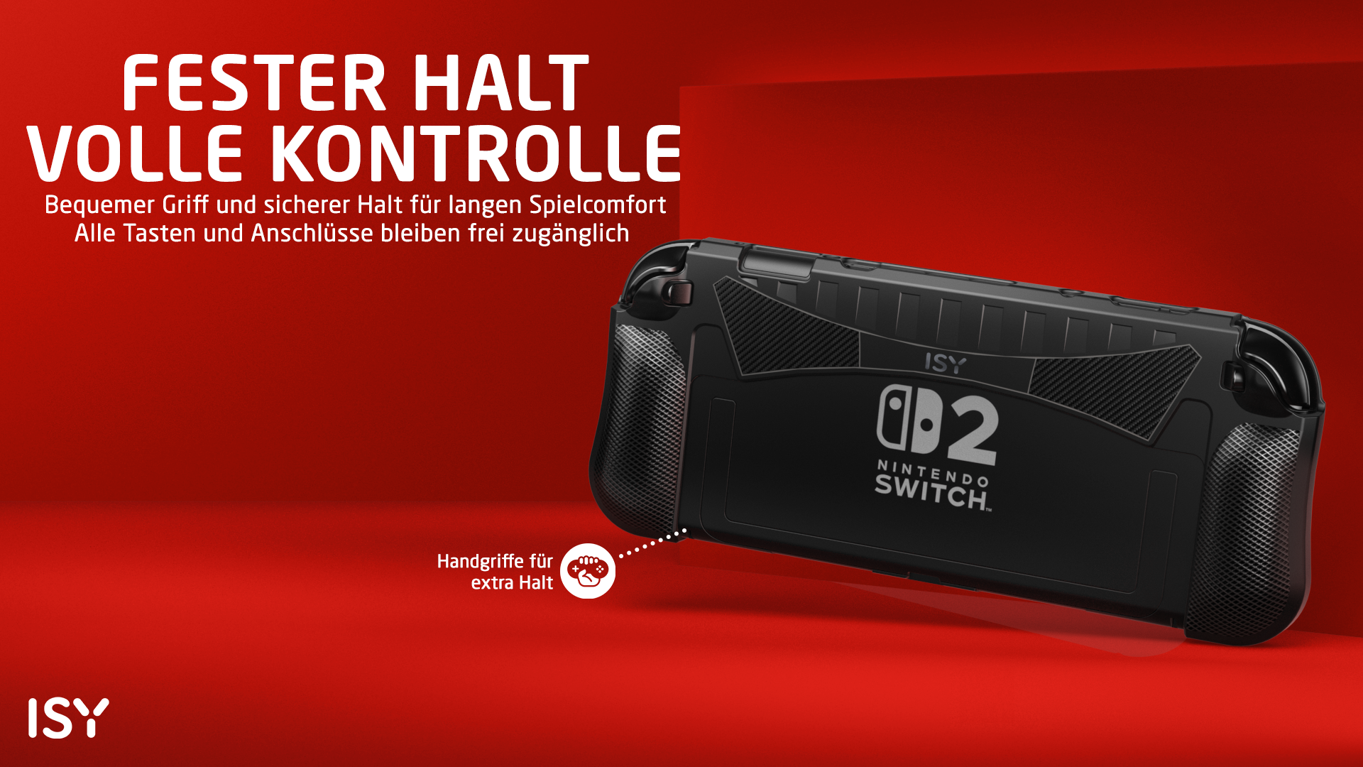 Schwarzes Nintendo Switch 2 Schutzcase mit Griffen vor rotem Hintergrund und deutschem Text.