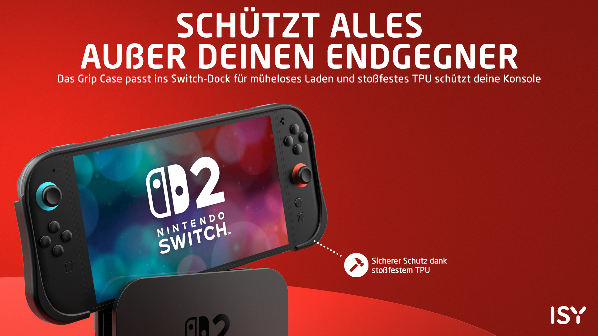 Nintendo Switch in Schutzhülle, im roten Hintergrund mit Text und Dock.