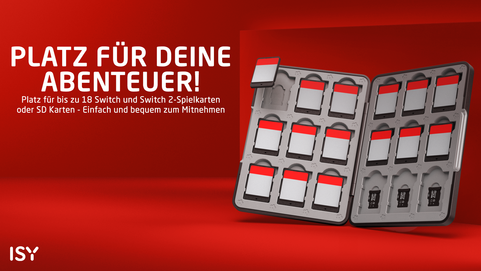 Geöffnete rote und graue Spielekarten-Aufbewahrungsbox für Switch-Karten vor rotem Hintergrund mit Text.