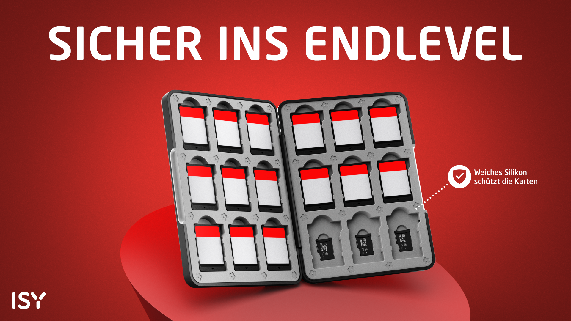 Ein offenes schwarzes Etui voller Speicherkarten vor rotem Hintergrund mit deutschem Werbetext.