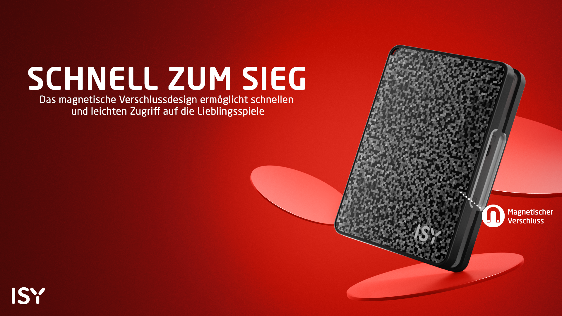 Ein graues Case mit Pixelmuster vor rotem Hintergrund und der Text "Schnell zum Sieg".
