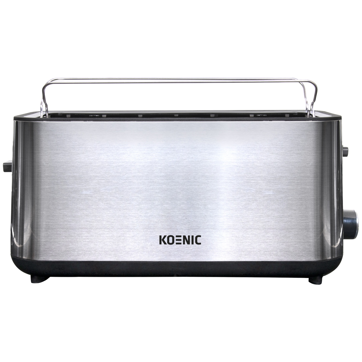 Een zilveren Koenic lange sleuf broodrooster met broodjeswarmer op een witte achtergrond.