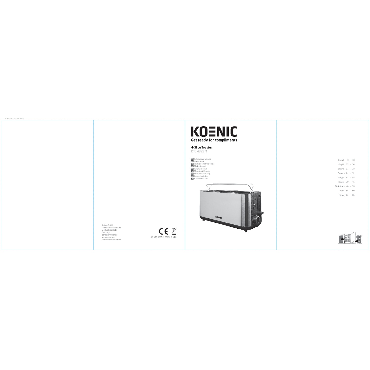 Handleiding cover voor Koenic broodrooster met productafbeelding, logo en taalindex.