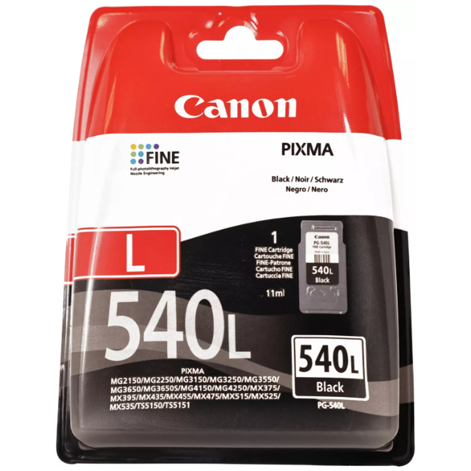 Verpakking voor Canon 540L zwarte inktcartridge met rood-witte branding.