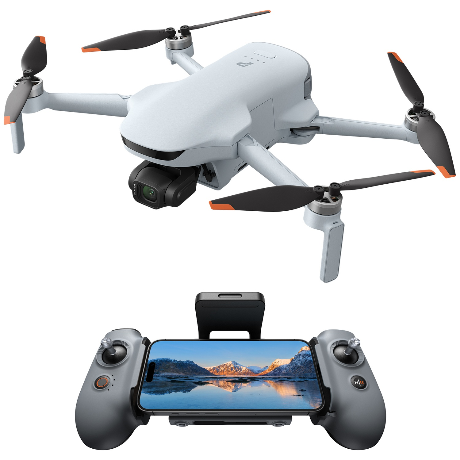 Drone gris avec caméra et manette avec smartphone.