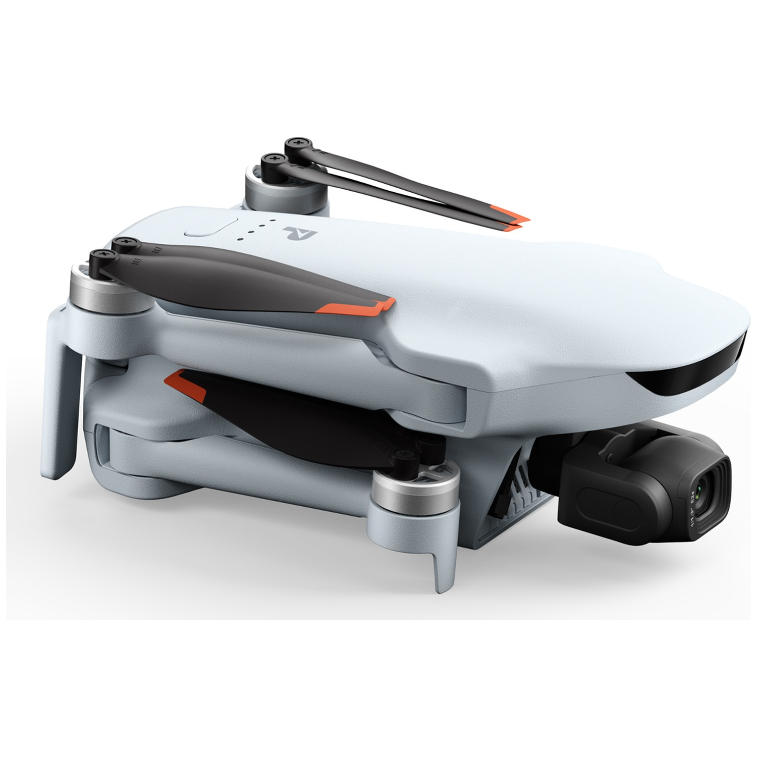 Un drone blanc compact avec des rotors noirs repliés et une caméra frontale sur fond blanc.