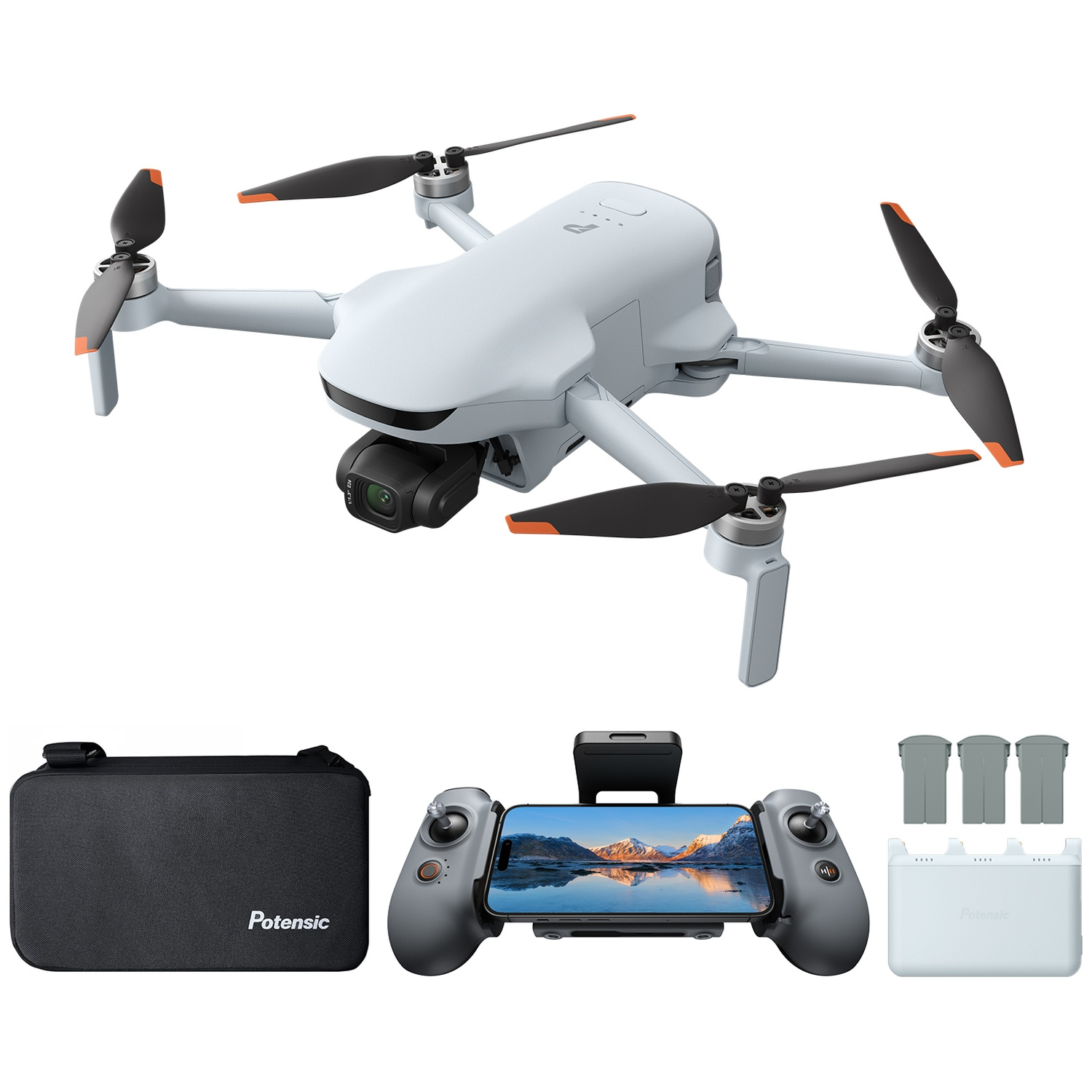 Drone gris avec caméra, radiocommande avec téléphone, étui de transport et chargeur avec trois batteries.