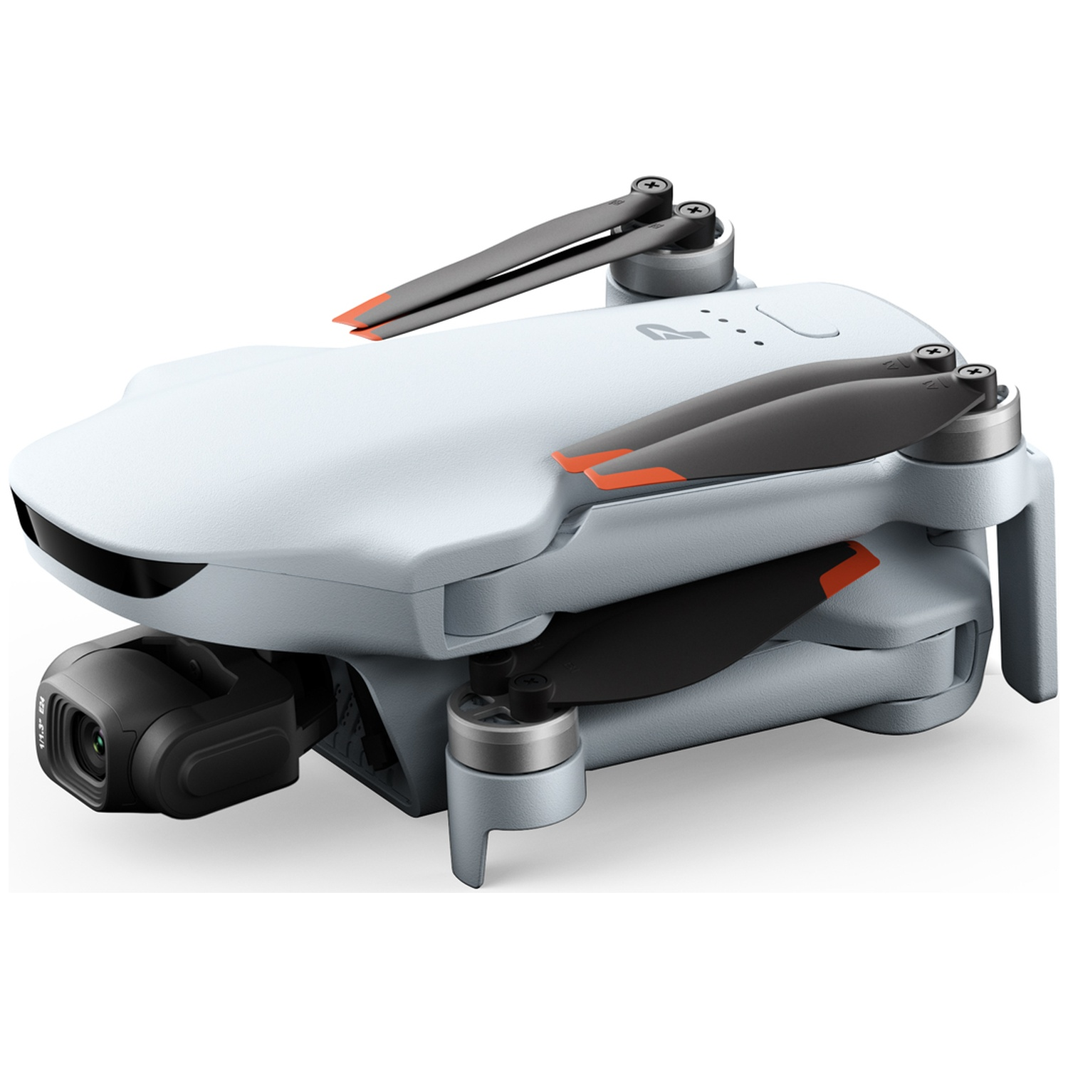 Un drone gris clair plié avec des hélices noires et orange et une caméra frontale sur fond blanc.