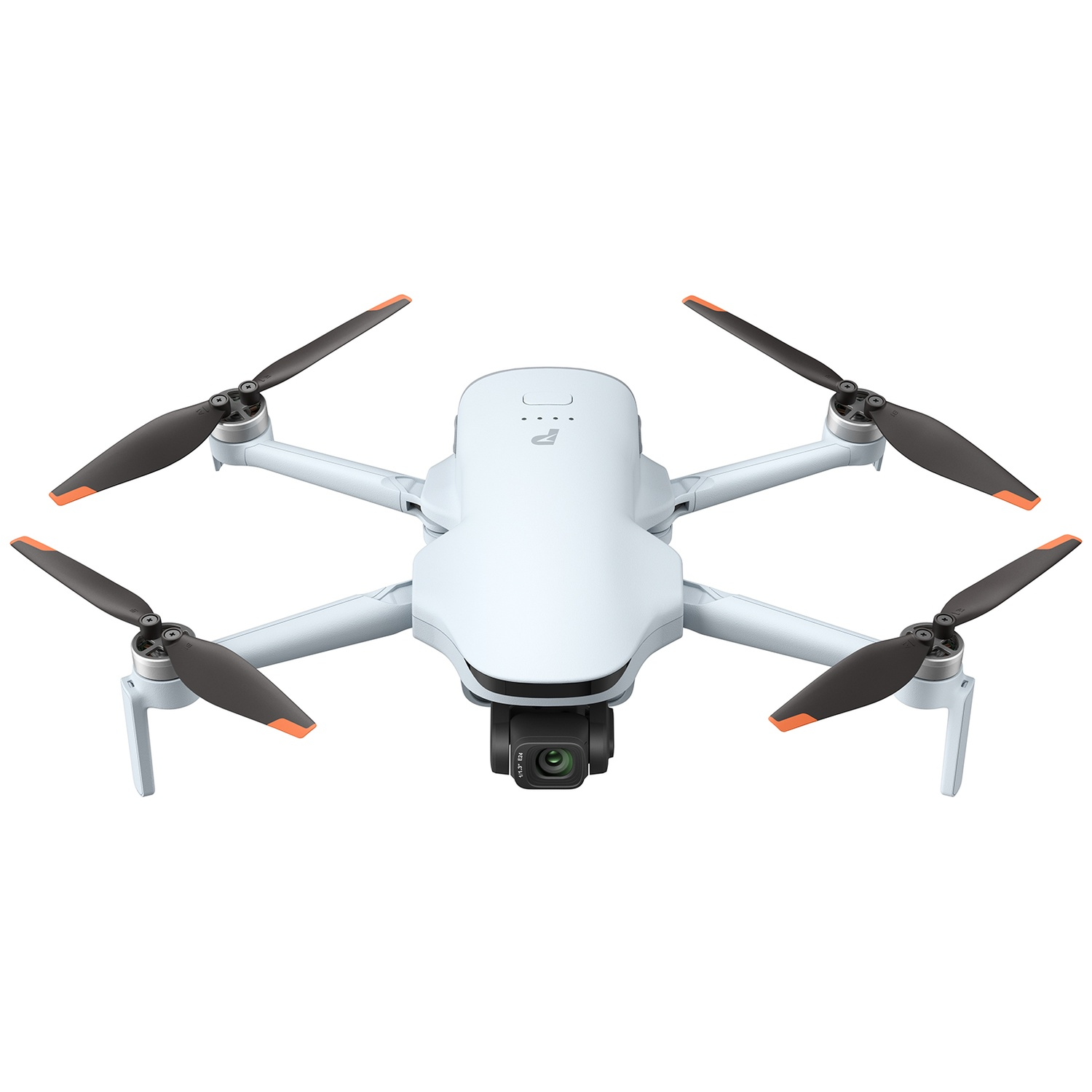 Un drone blanc avec quatre hélices et une caméra sur fond blanc.