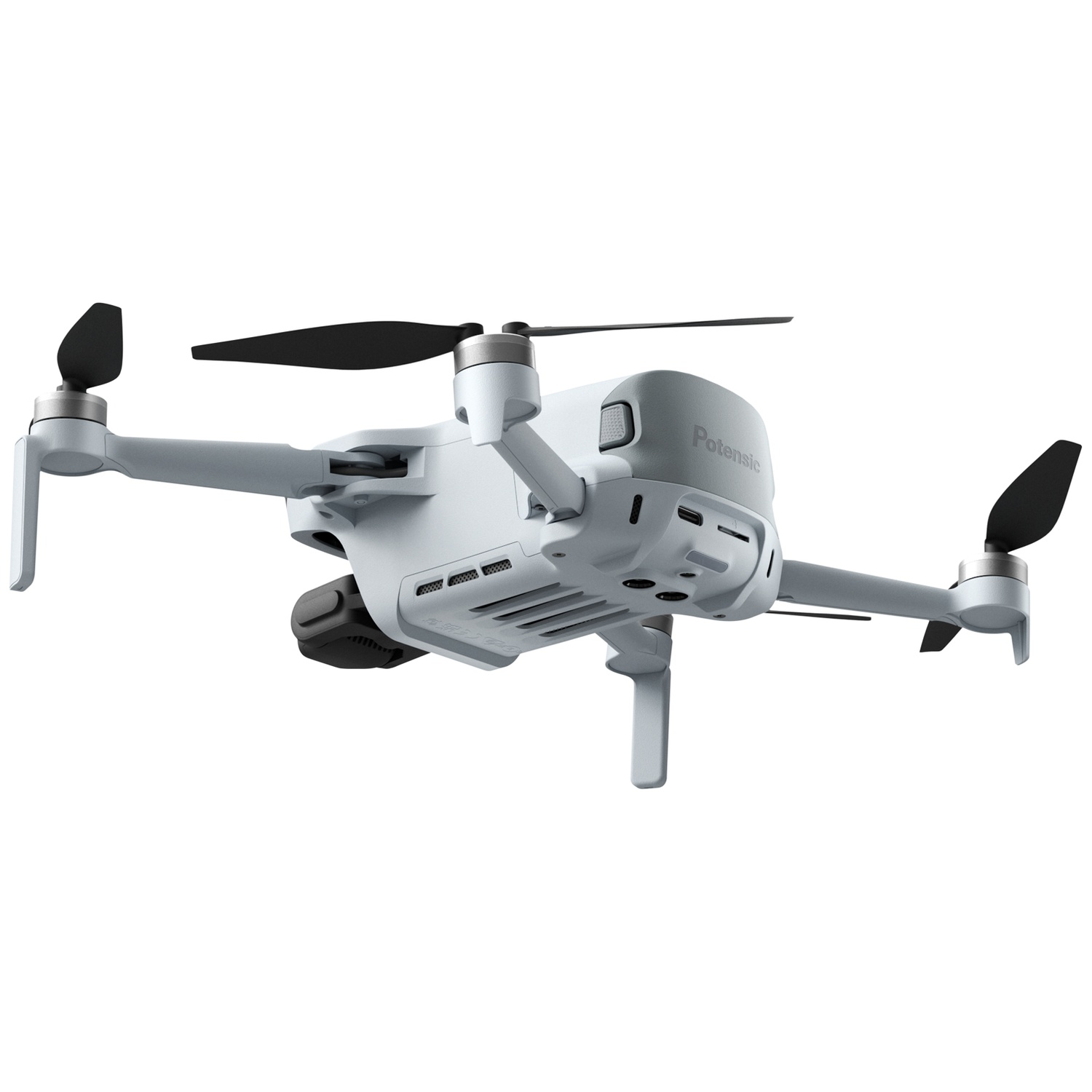 Un drone Potensic gris avec des hélices noires flotte sur un fond blanc.