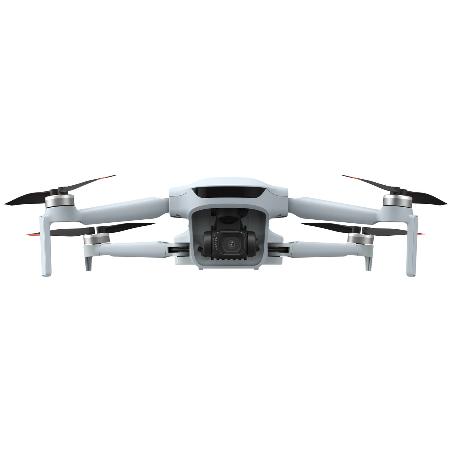 Un drone gris clair vu de face sur fond blanc, doté d'une caméra centrale et de quatre hélices.