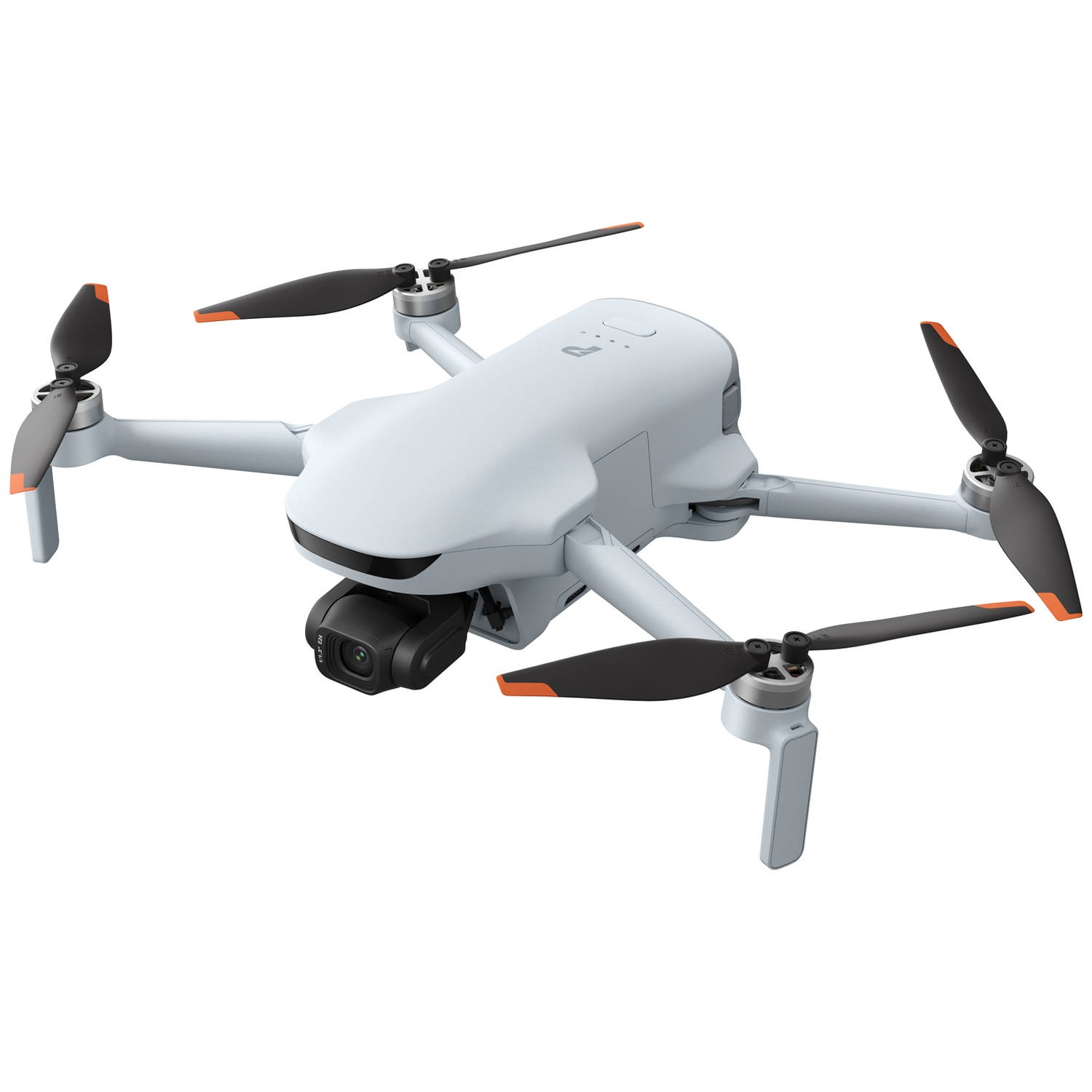 Un drone gris avec des hélices noires et une caméra à l'avant sur un fond blanc.