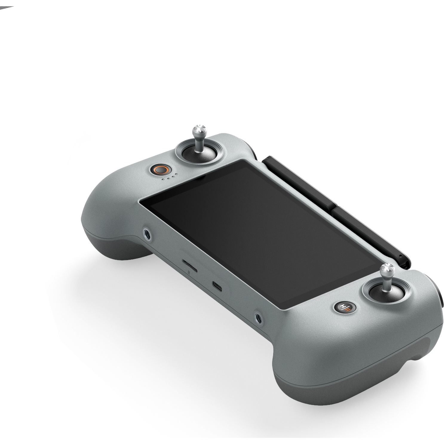Télécommande de drone grise avec écran intégré et deux joysticks sur fond blanc.