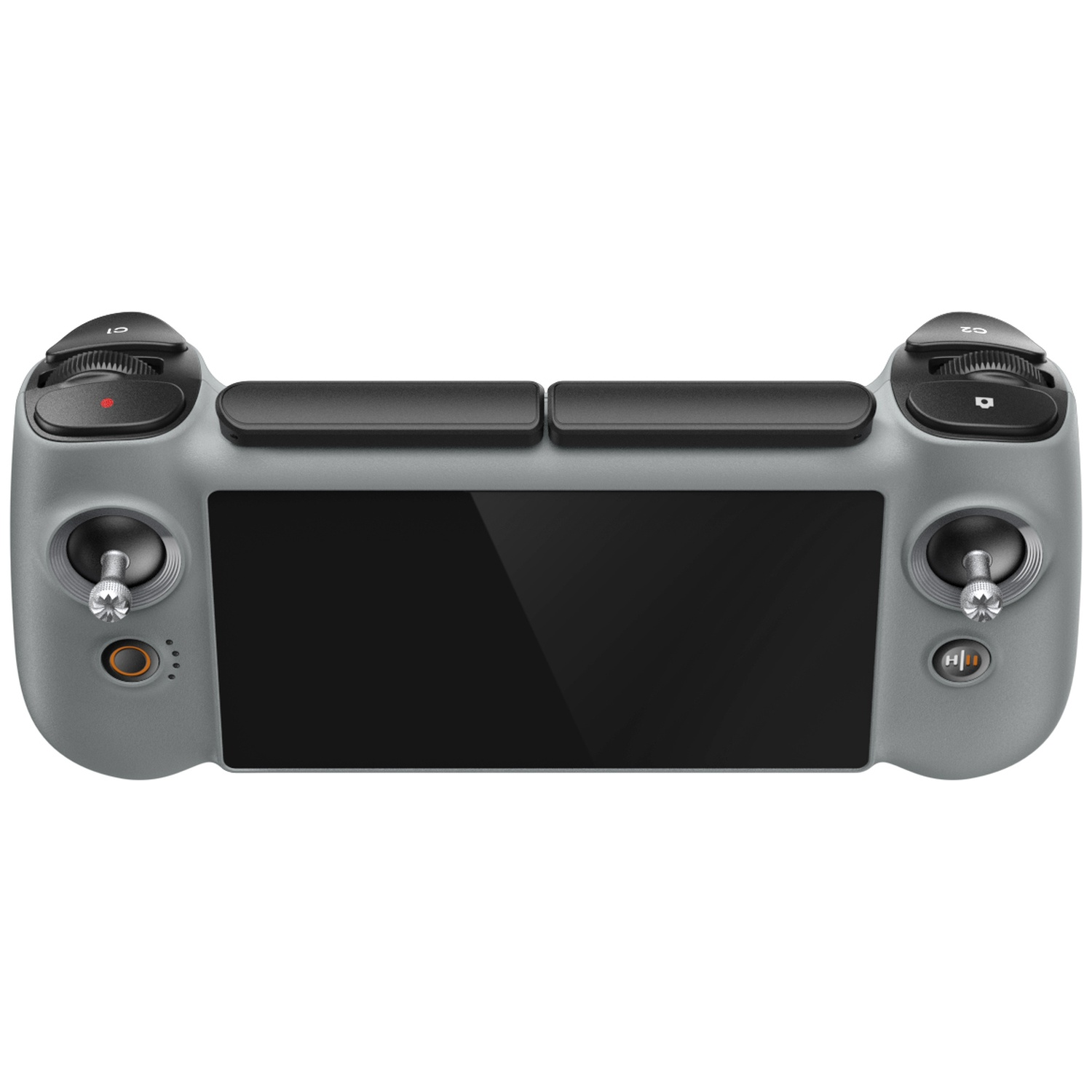 Télécommande de drone grise avec écran central, double joystick et boutons de contrôle supérieurs sur fond blanc.