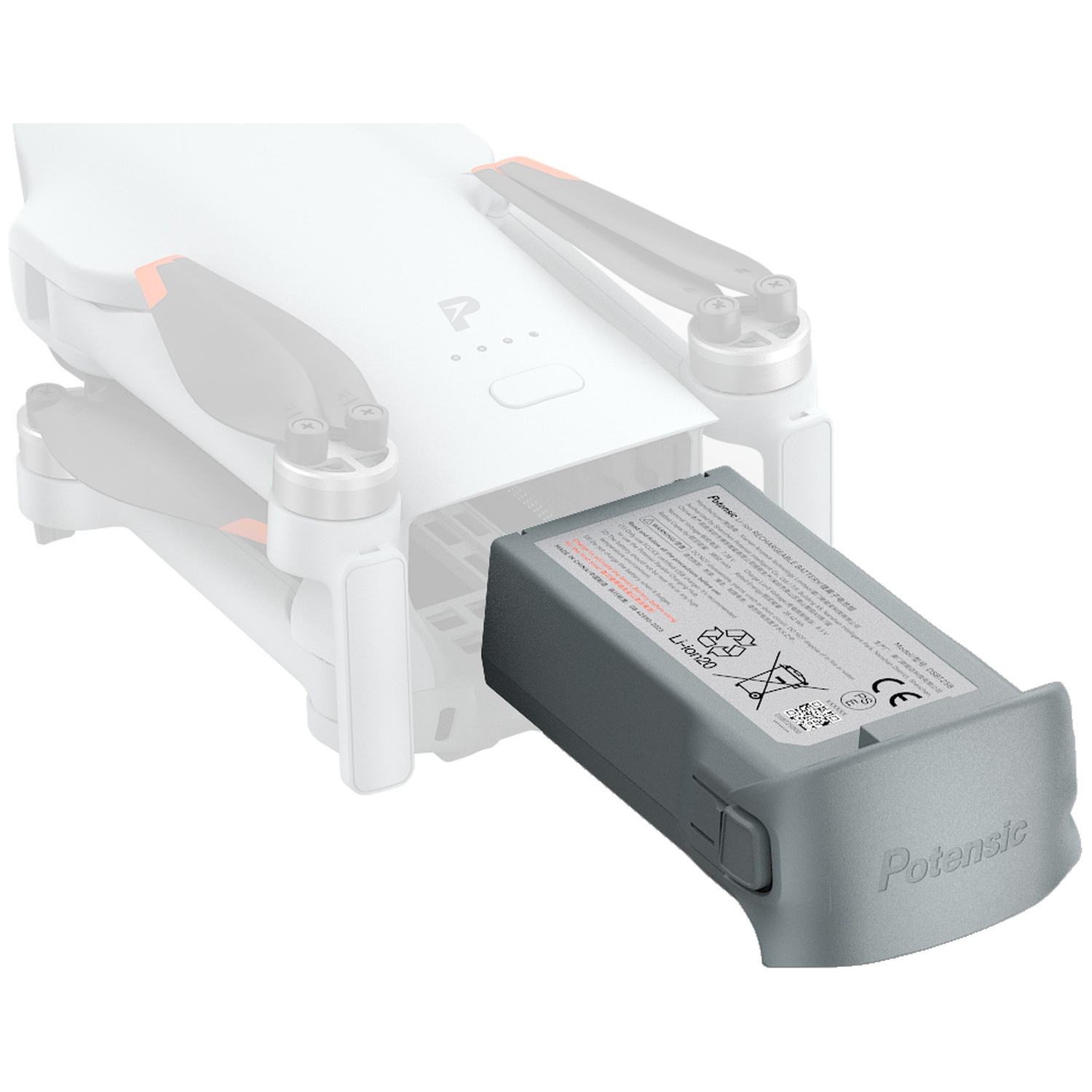 Une batterie grise est insérée dans le corps d'un drone Potensic blanc.