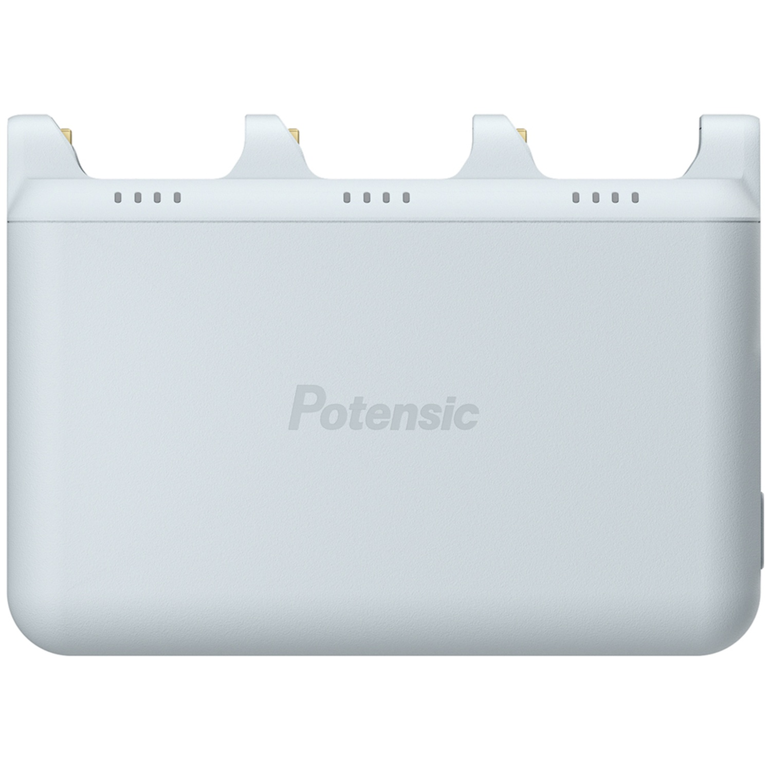 Un concentrateur de charge de batterie Potensic gris avec trois fentes et des voyants LED sur fond blanc.