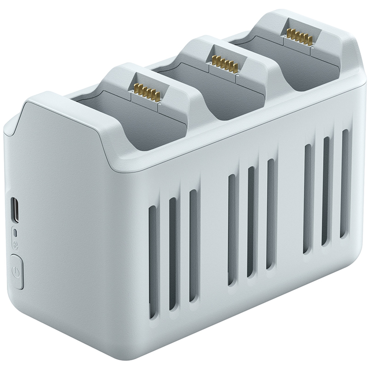 Une station de recharge grise avec trois emplacements pour batteries, des fentes d'aération et un bouton.