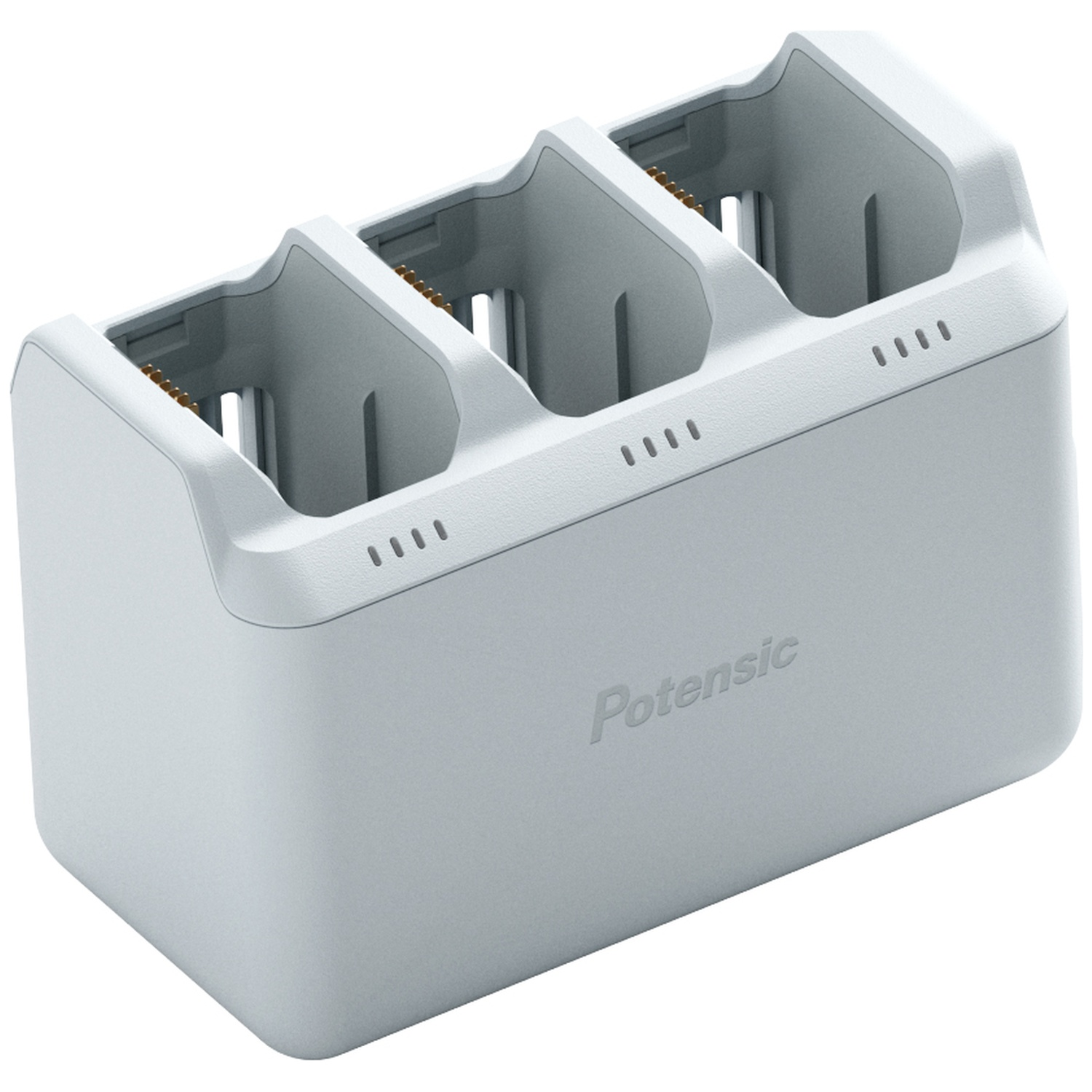 Une station de recharge de batterie Potensic grise à trois baies sur fond blanc.