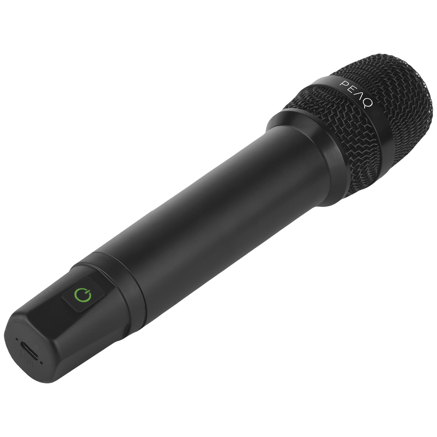 Un microphone à main noir avec un bouton d'alimentation vert et le logo REAQ blanc sur la grille.