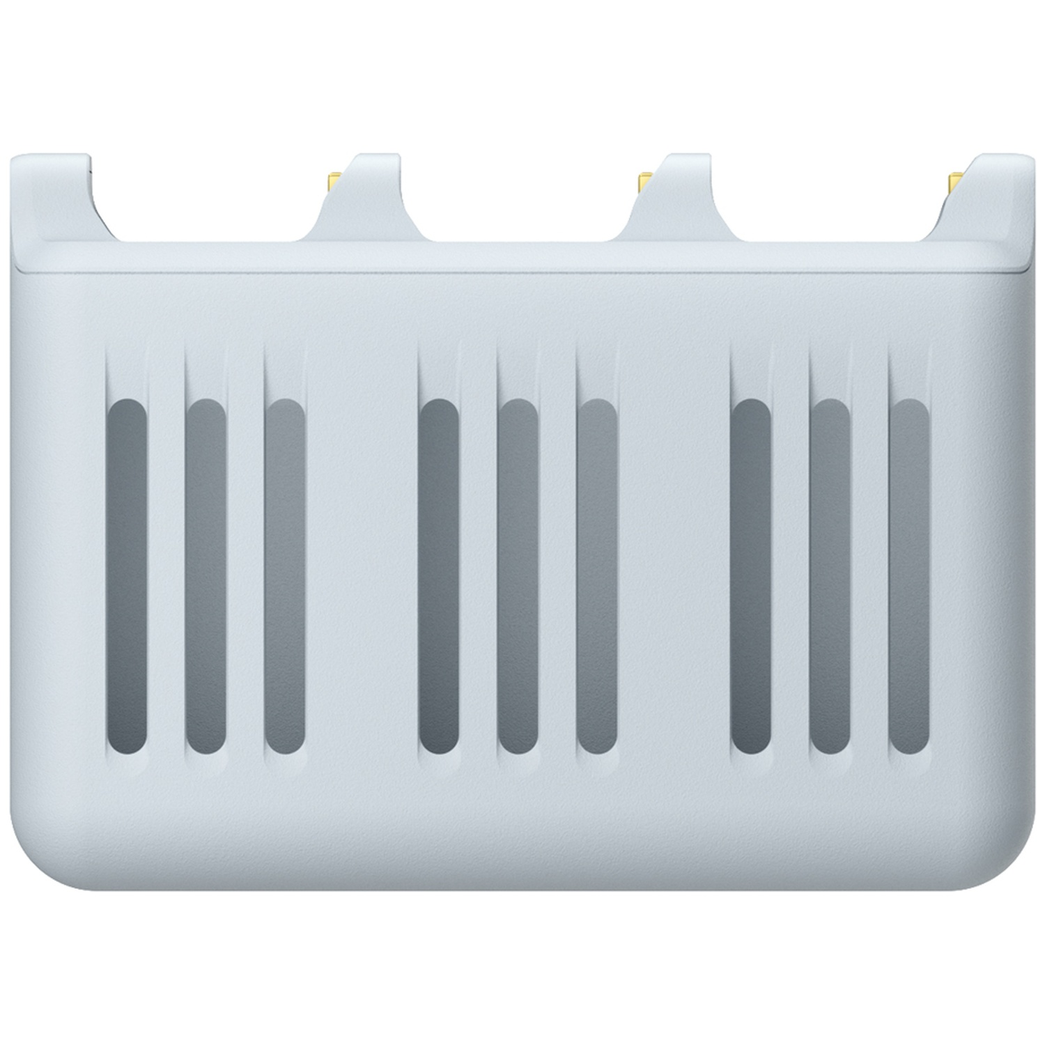 Un objet blanc oblong doté de neuf fentes verticales en trois groupes et de quatre petits connecteurs dorés.