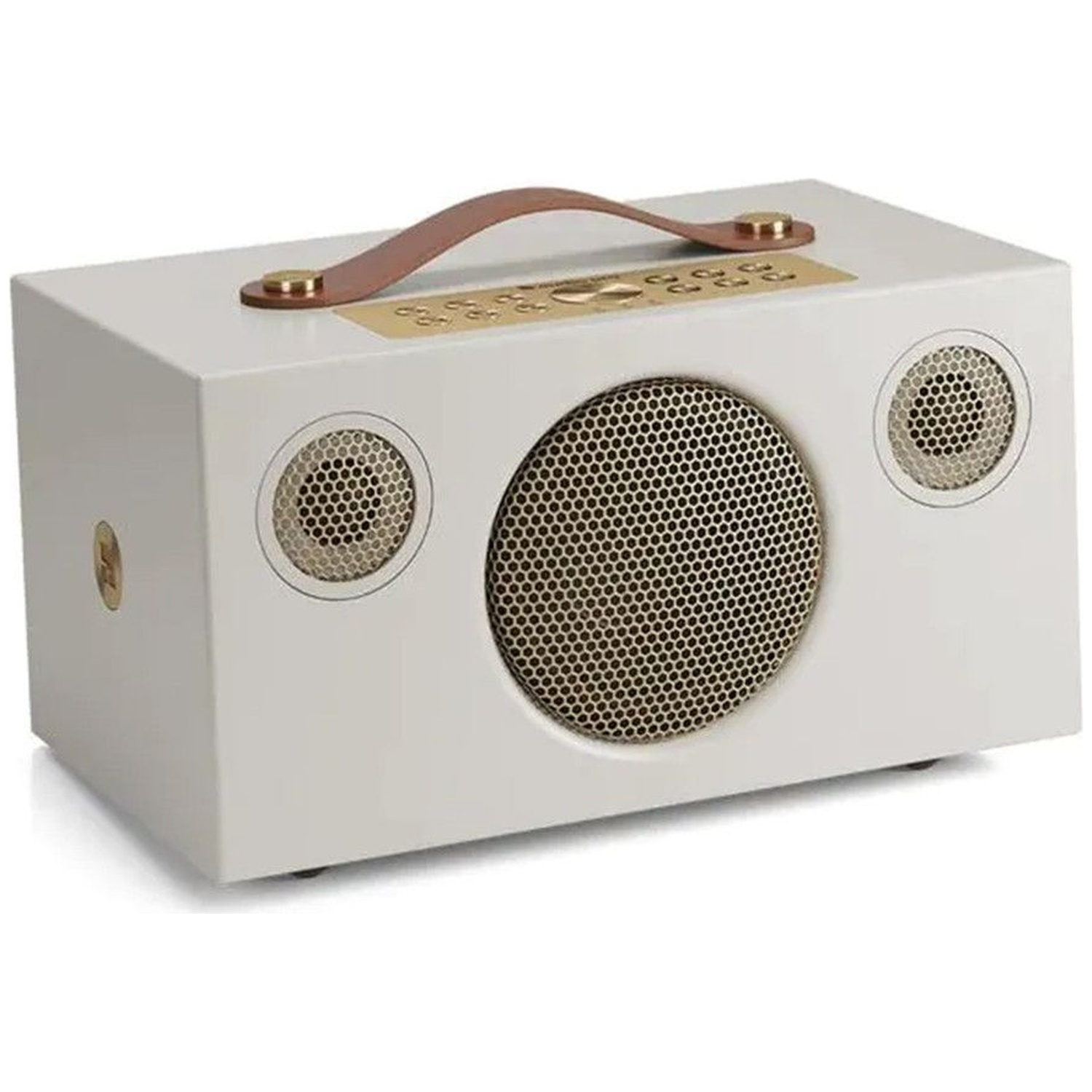 Un haut-parleur rétro blanc avec poignée en cuir marron, commandes dorées et trois grilles circulaires.