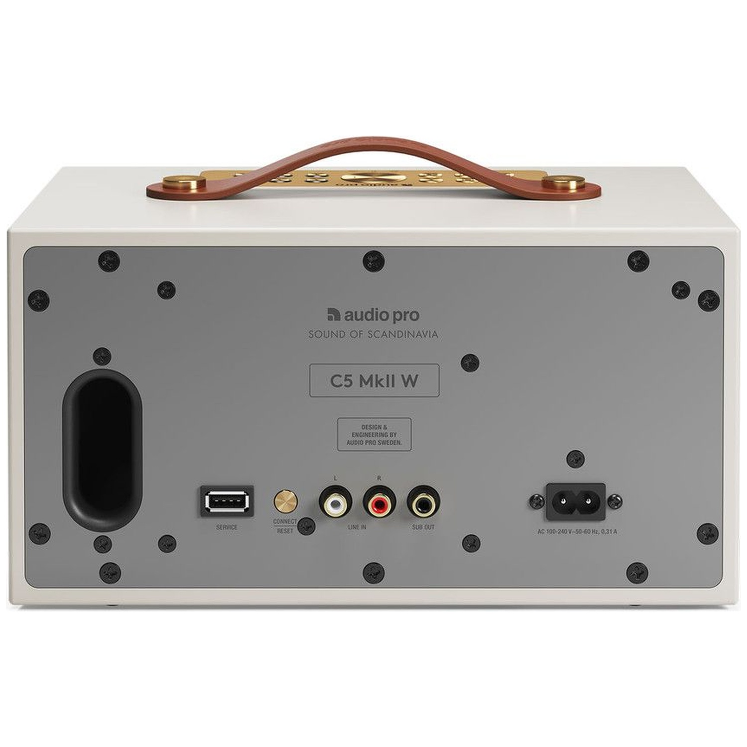 Vue arrière de l'enceinte blanche Audio Pro C5 MkII W avec ports, poignée en cuir marron et panneau métallique gris.