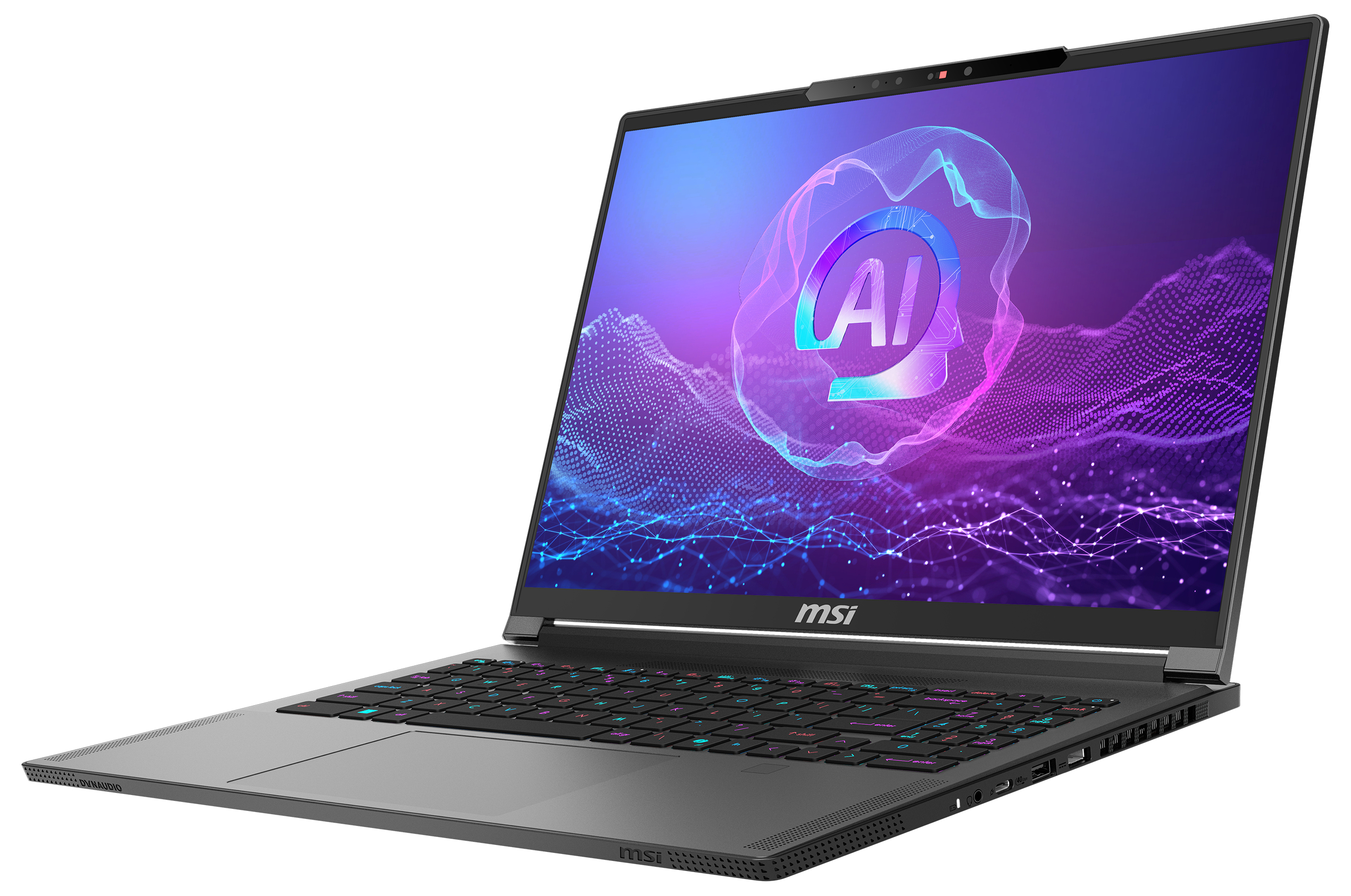 Schwarzer MSI-Laptop mit beleuchteter Tastatur und blau-violettem AI-Bildschirm.