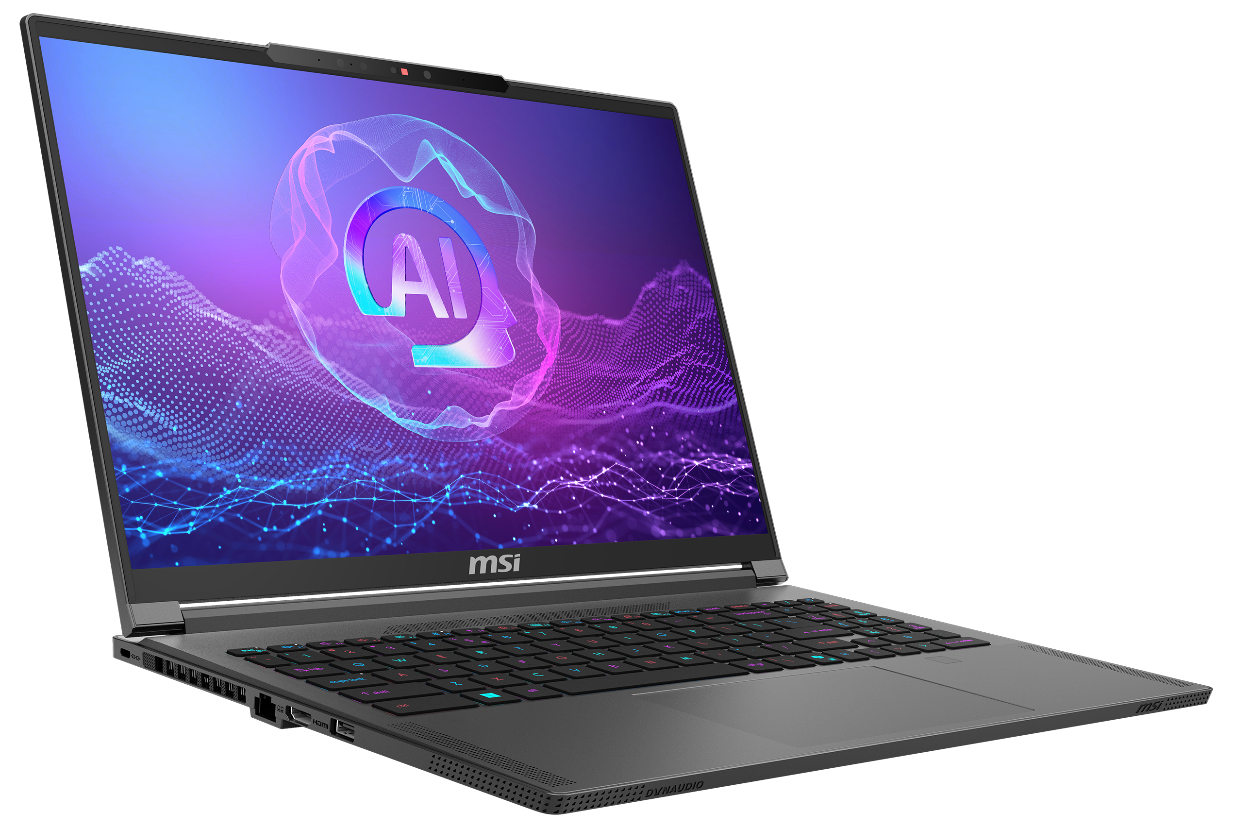 Ein offener schwarzer MSI-Laptop zeigt einen bunten AI-Hintergrund auf dem Display.