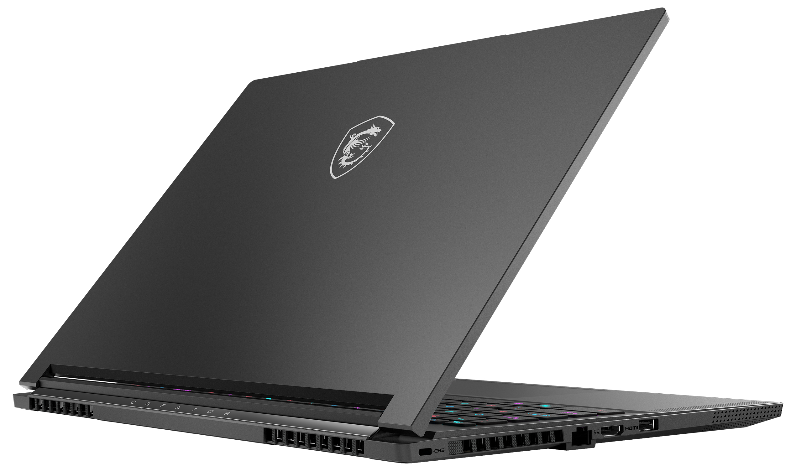 Schwarzer MSI-Laptop mit Drachenlogo auf der Rückseite, leicht geöffnet auf weißem Hintergrund.