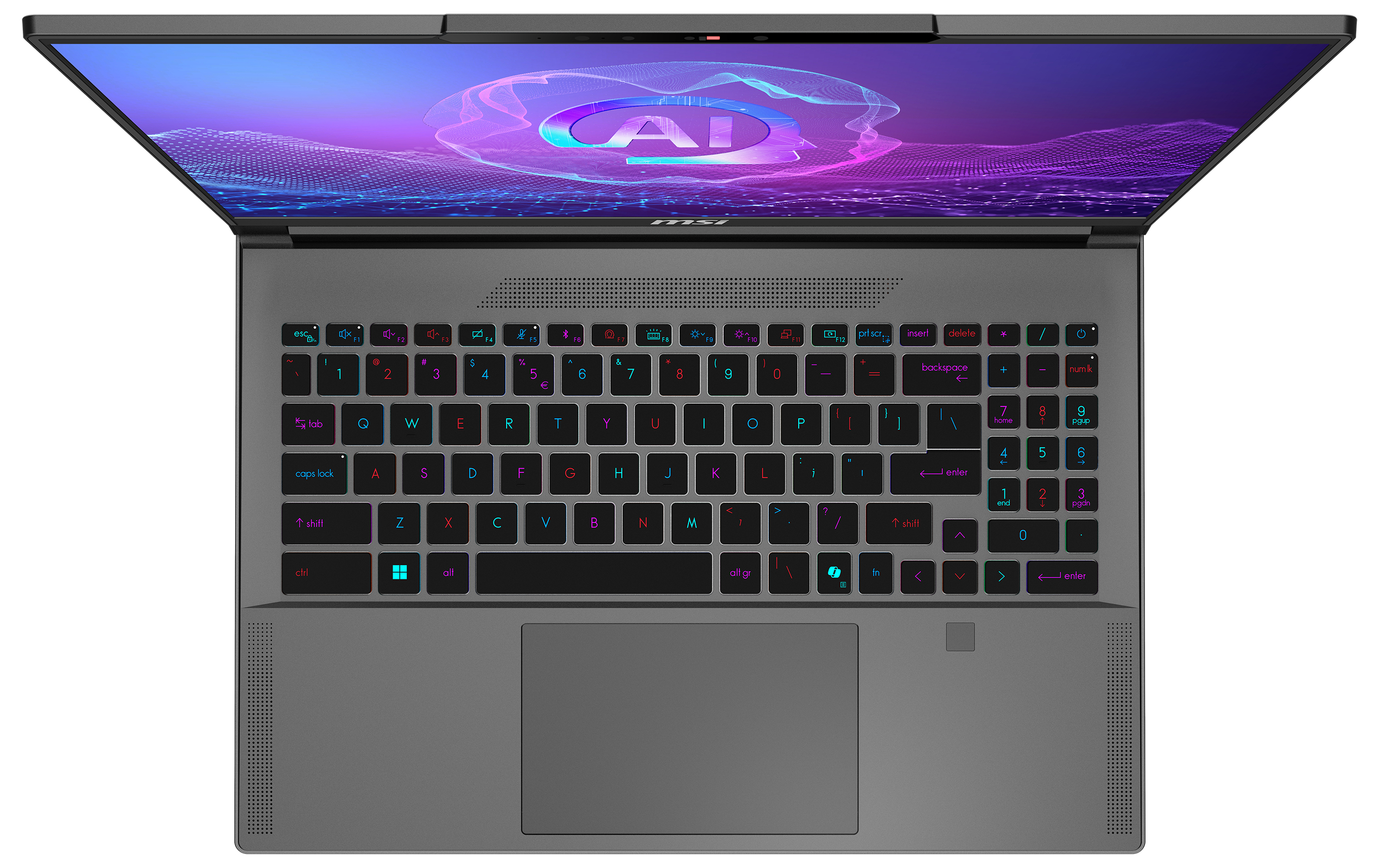 Draufsicht eines grauen MSI-Laptops mit beleuchteter Tastatur und blau-violettem AI-Bildschirmschoner.