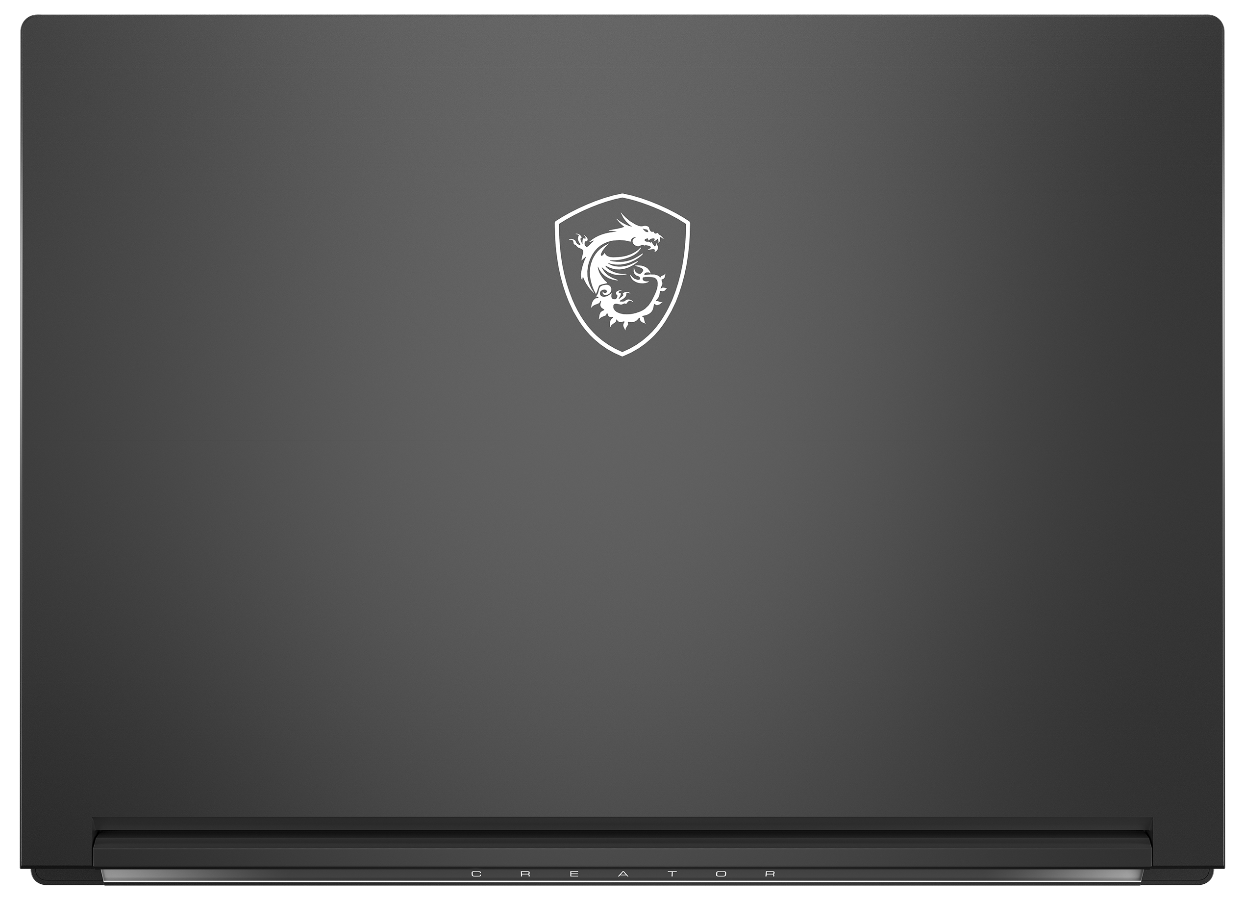 Dunkelgrauer Laptop-Deckel mit weißem MSI-Drachenlogo in der Mitte und der Inschrift CREATOR am unteren Rand.