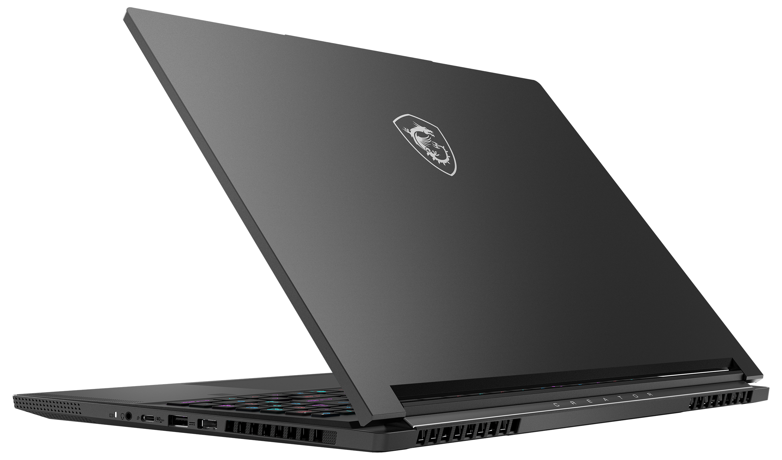 Ein grauer MSI-Laptop in Schrägansicht mit geöffnetem Bildschirm und beleuchteter Tastatur auf weißem Grund.