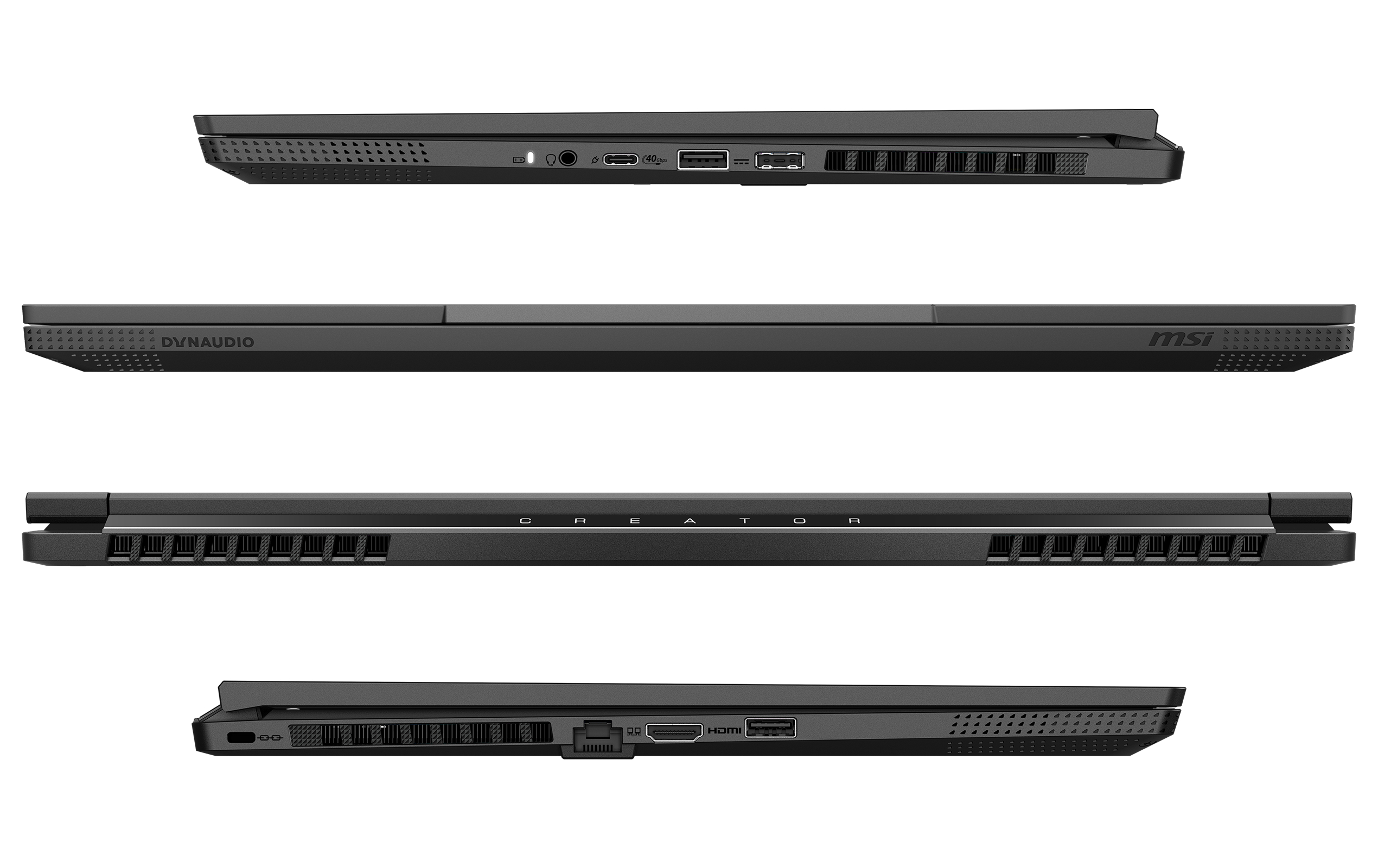 Vier Ansichten eines schwarzen Laptops, die verschiedene Seiten, Anschlüsse und Lüftungsöffnungen zeigen.