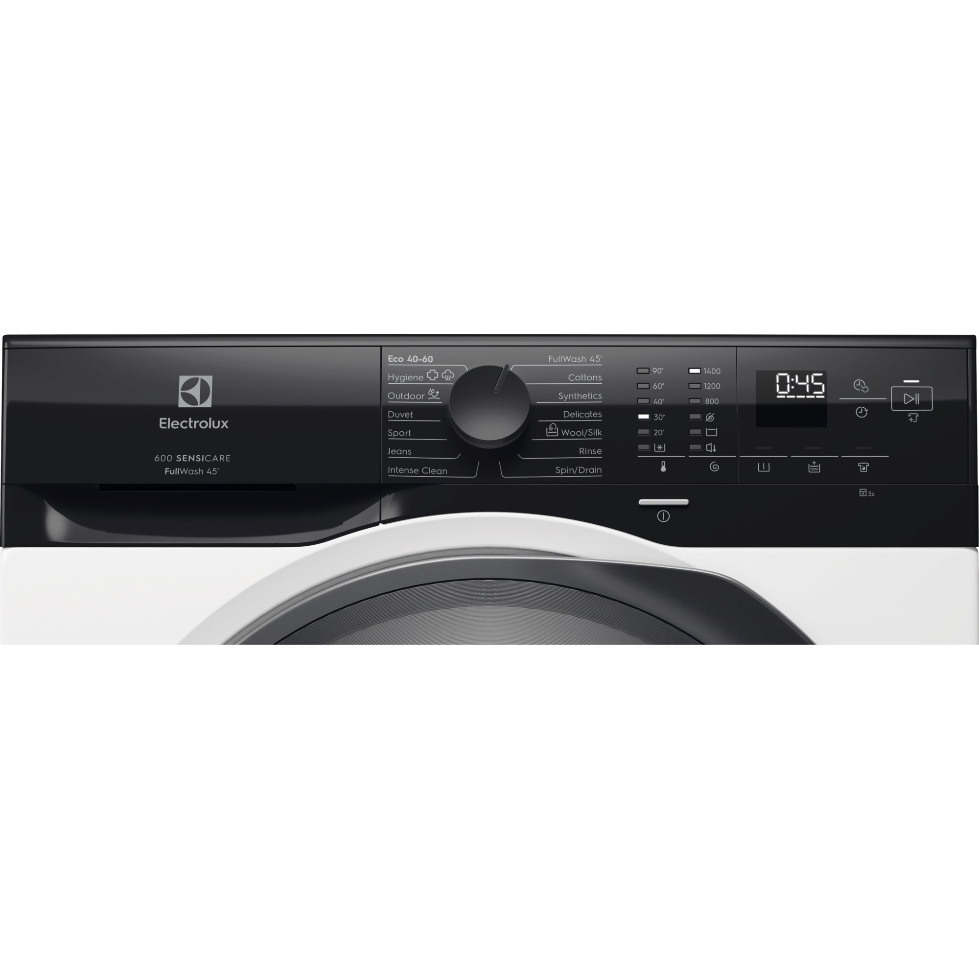 Fekete-fehér Electrolux mosógép kezelőfelülete forgókapcsolóval és digitális kijelzővel.