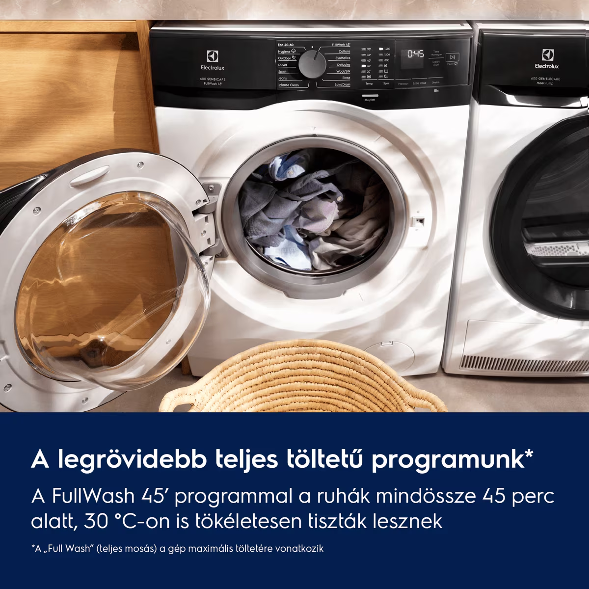 Egy nyitott Electrolux mosógép benne ruhákkal és elötte egy kosárral világos helyiségben.