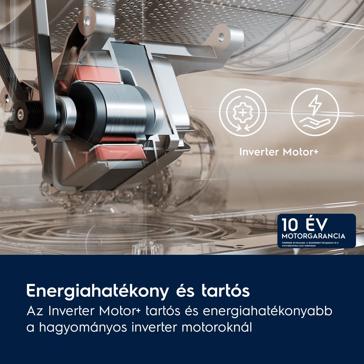 Egy mosógép Inverter Motor+ keresztmetszete, amely mutatja a belső réztekercseket és mechanikai alkatrészeket.