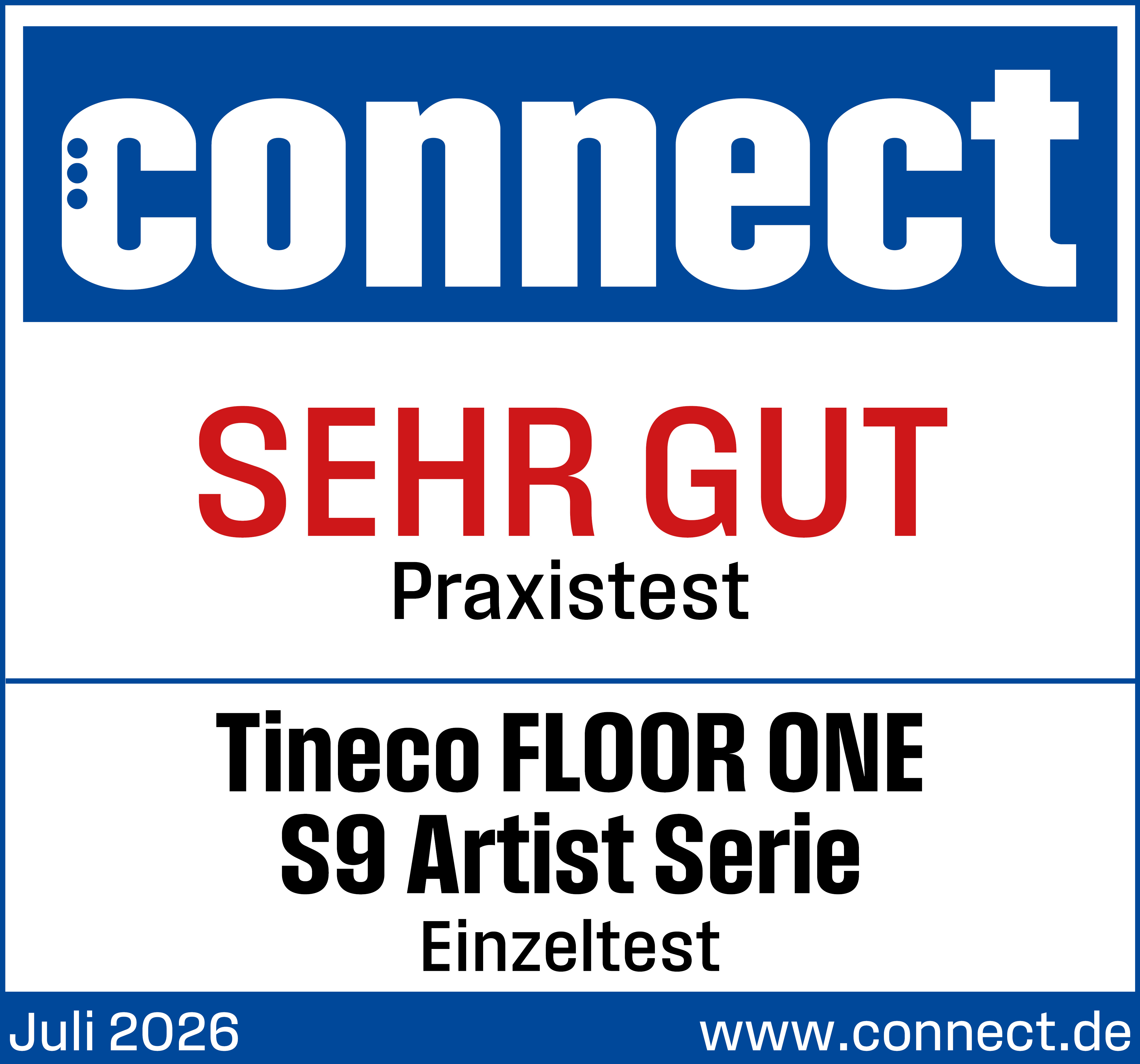 Connect Testurteil Sehr Gut für Tineco Floor One S9 Artist Serie mit Juli 2026 Datum.