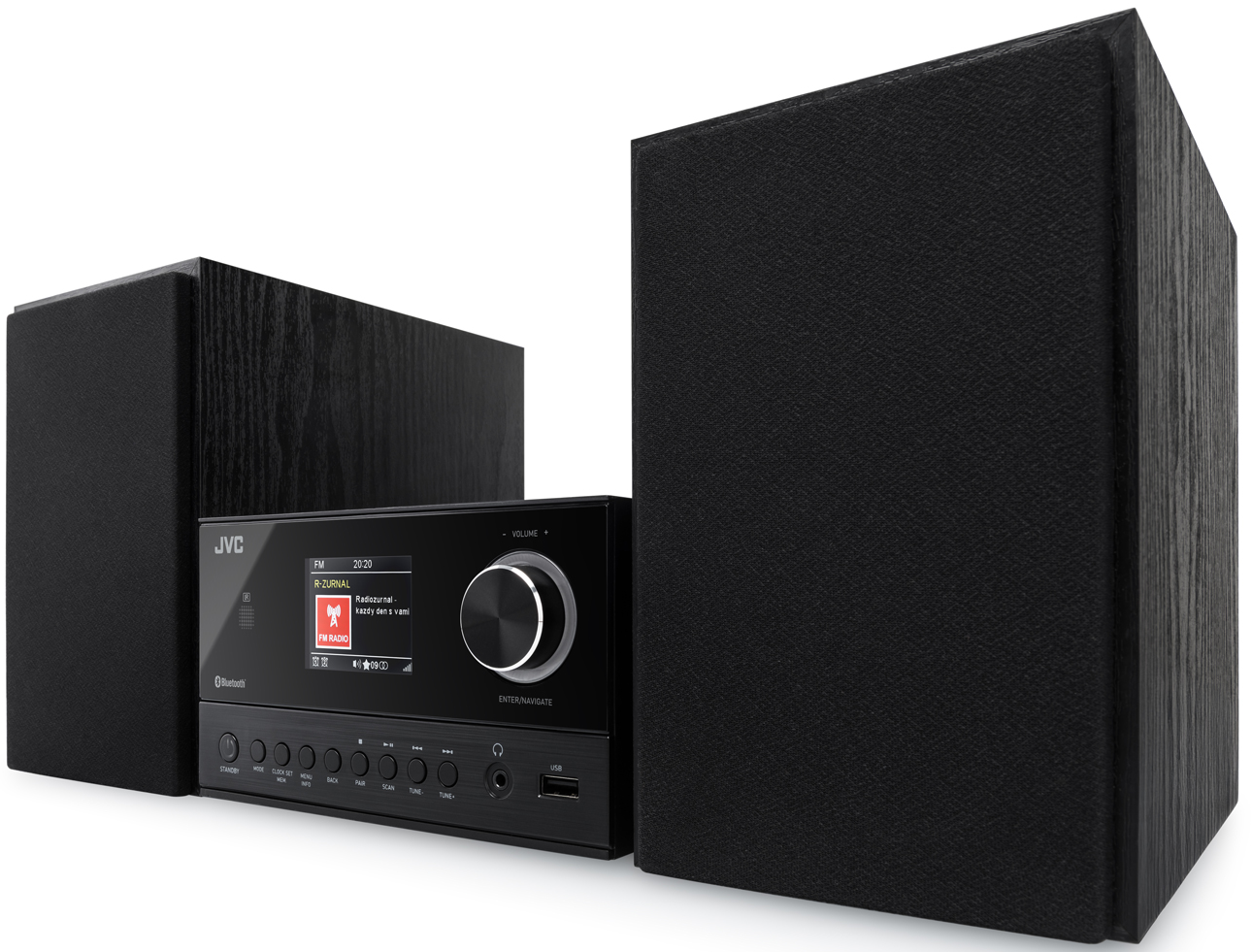 Fekete JVC audiorendszer központi kijelzővel és két faládás hangszóróval fehér háttér előtt.