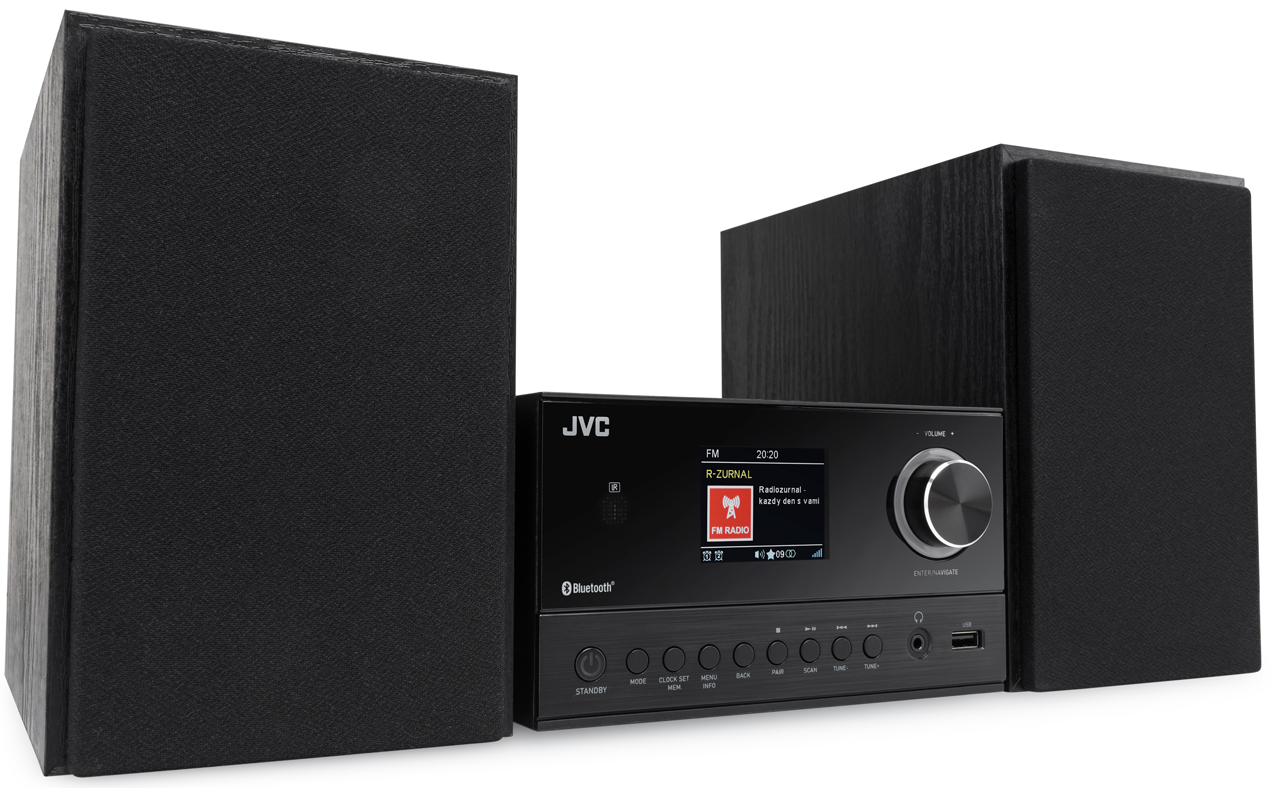 Fekete JVC audiorendszer digitális kijelzővel, gombokkal, forgatógombbal és két hozzáillő toronyhangszóróval.
