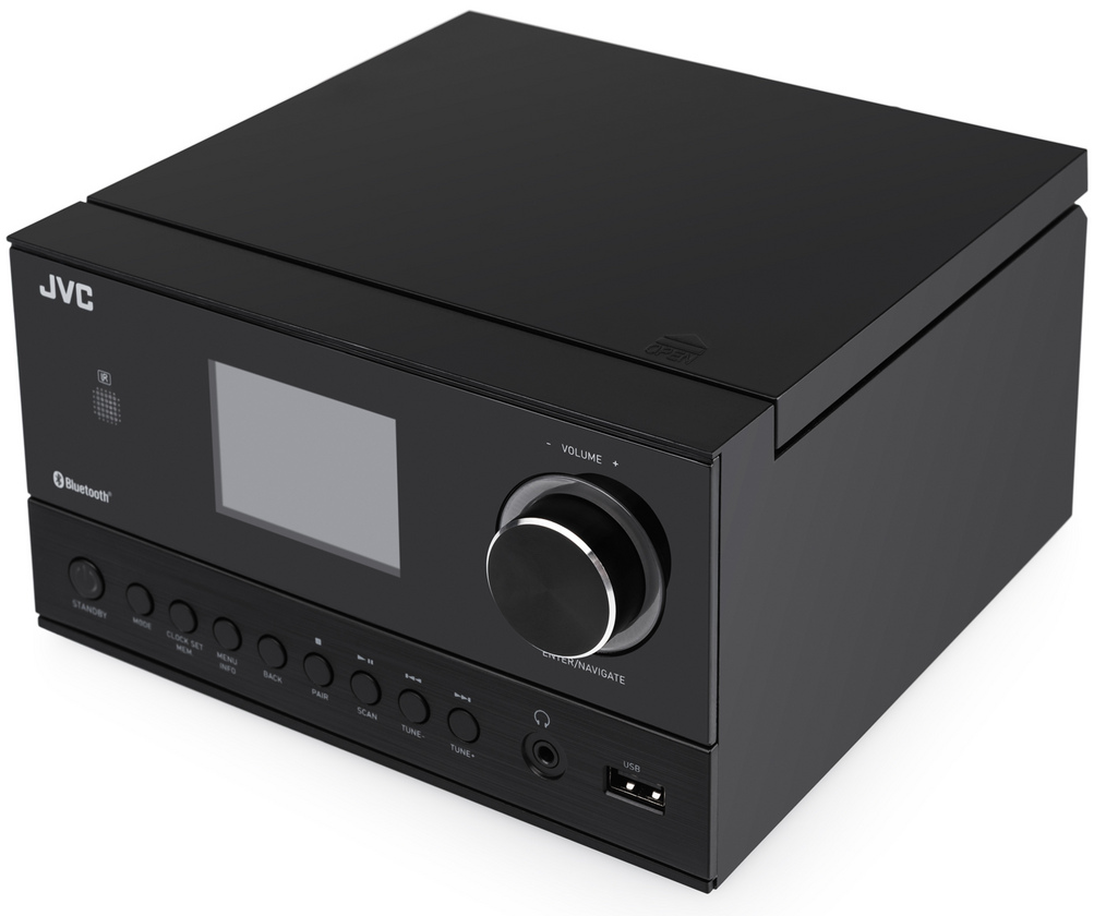 Fekete JVC audio eszköz képernyővel, hangerőszabályzóval és gombokkal fehér háttér előtt.