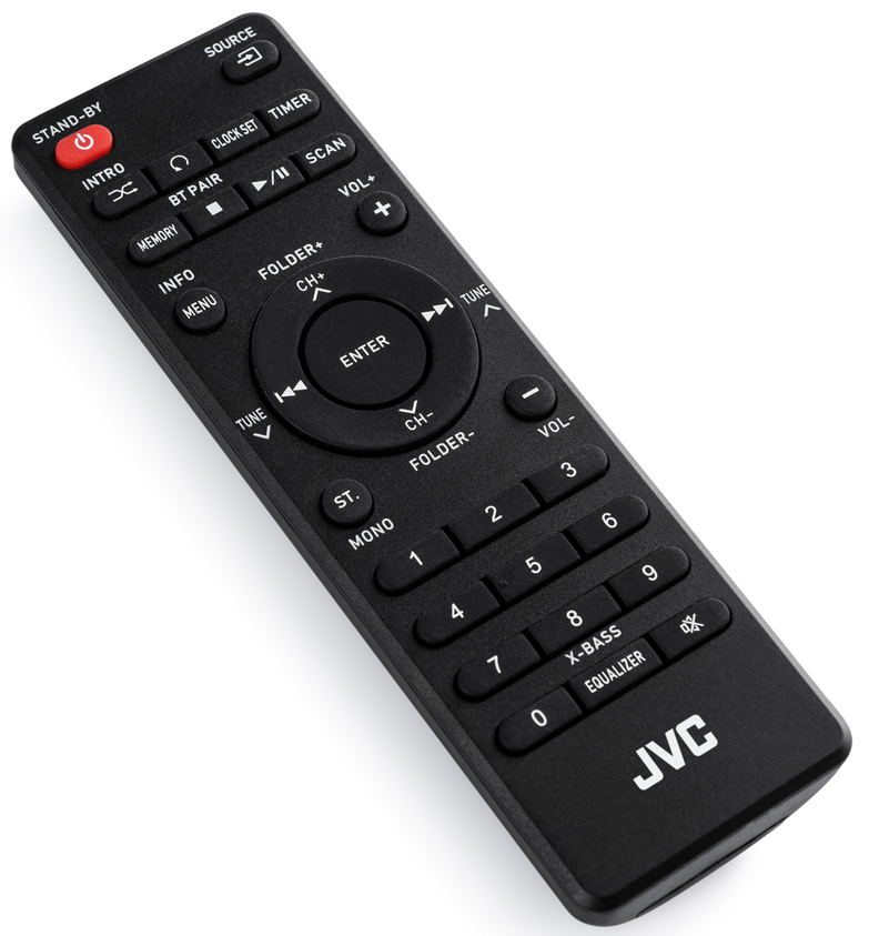 Fekete JVC távirányító különböző gombokkal, alul fehér JVC logóval és piros bekapcsológombbal.