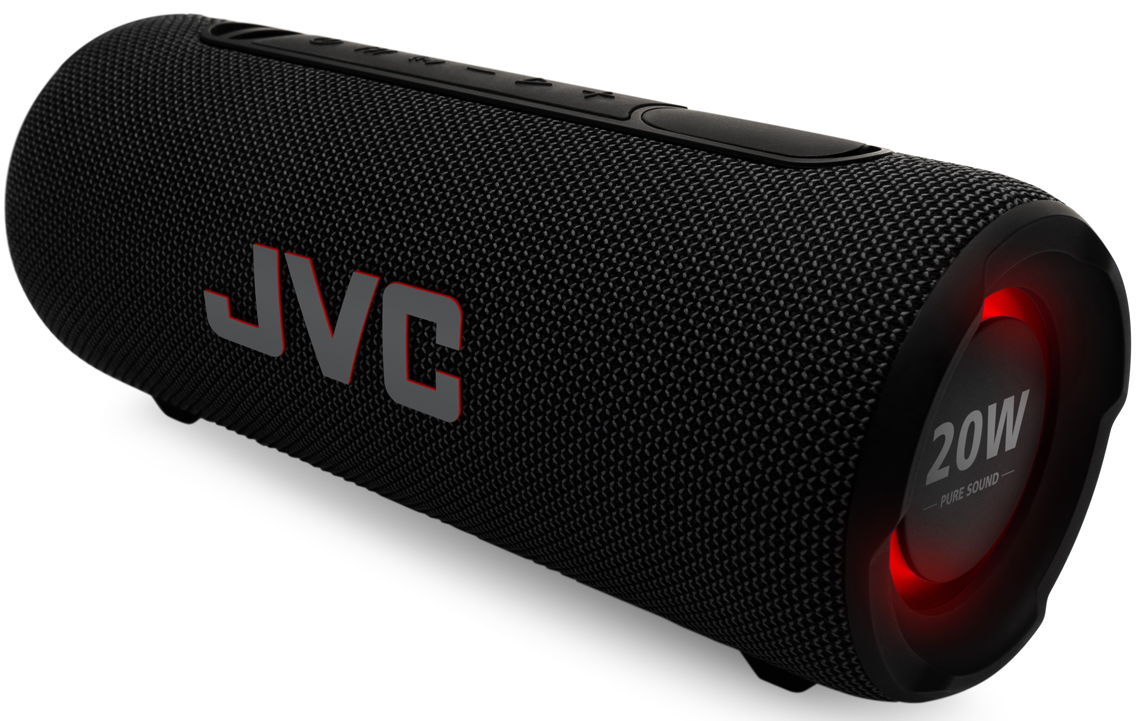 Fekete JVC hordozható bluetooth hangszóró piros izzó fénnyel az oldalán és a 20W felirattal.